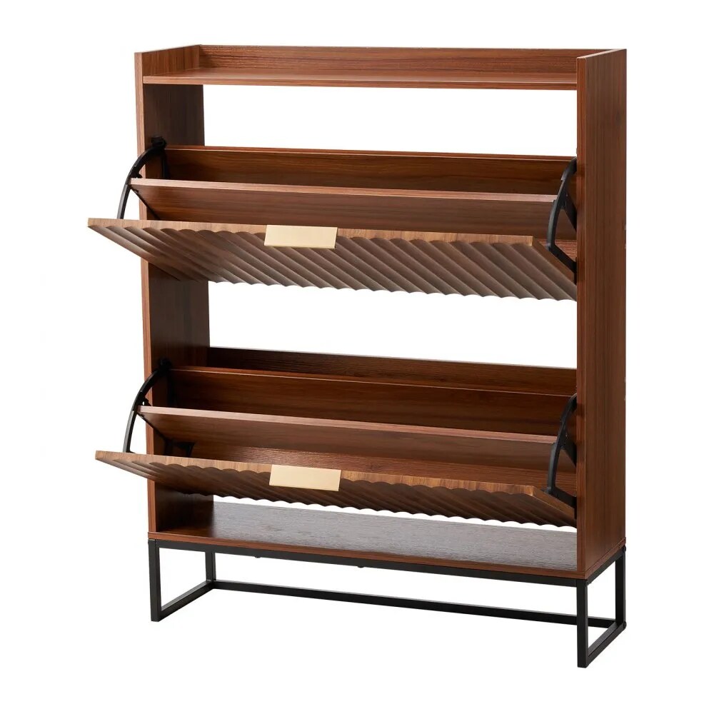 Shoe Cabinet 2 Flip Drawers Freestanding Walnut Storage Organizer