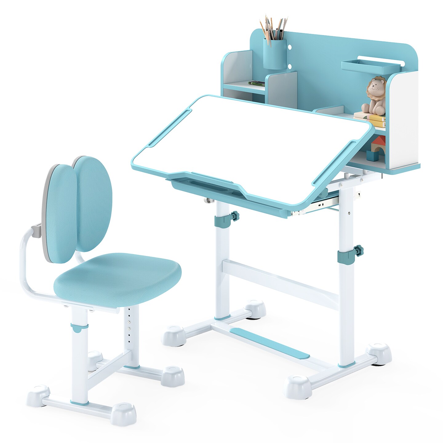 Adjustable Kids Study Desk and Chair Set with Tiltable Desktop, Storage Drawer & Reading Stand
