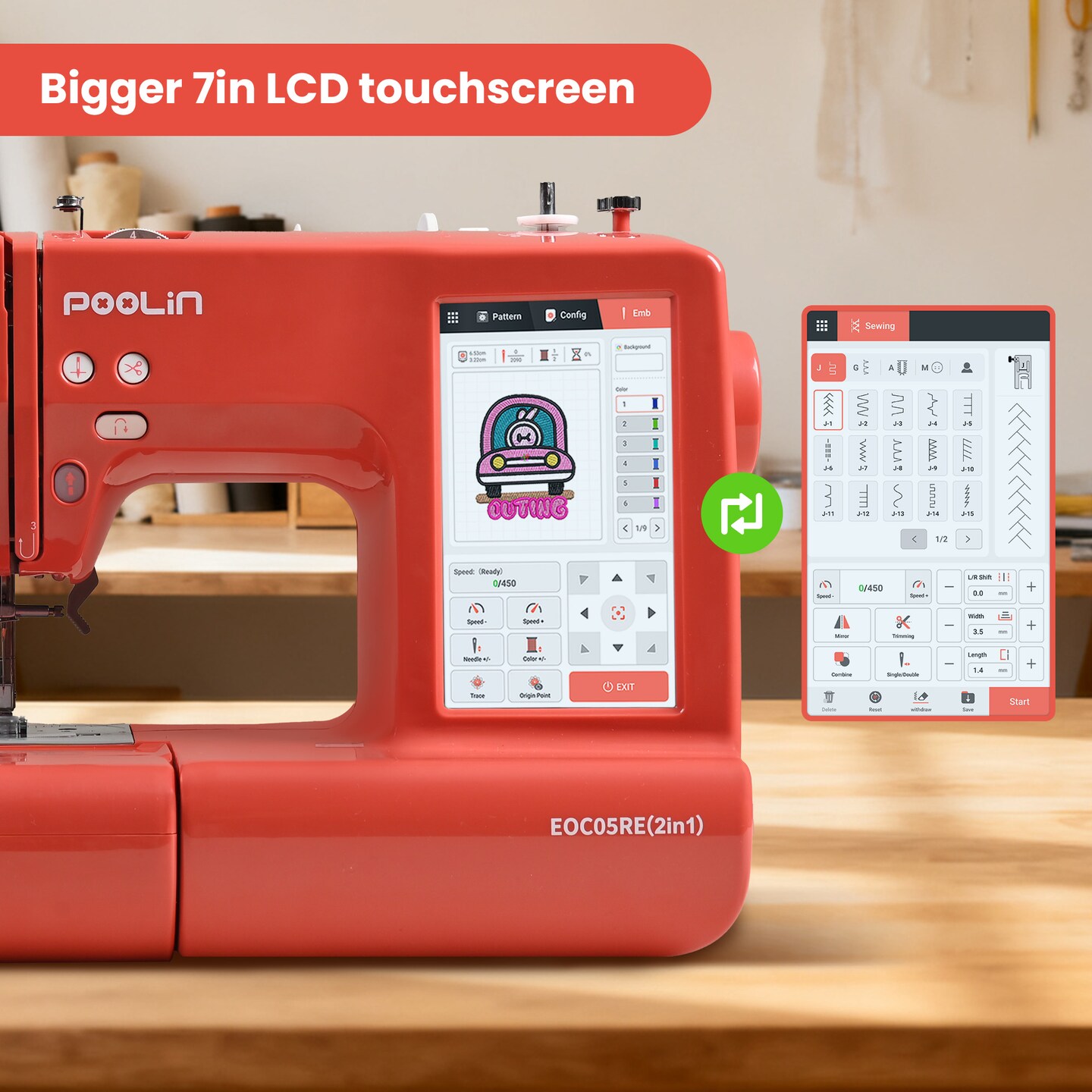 POOLIN EOC05RE(2in1) Sewing &#x26; Embroidery Machine Computerized 9.2x4in Large Area with 7in Big LCD Touchscreen Wifi Availabable with Starter Kit 207 stitches &#x26;156 built-in patterns Multi-functions for Business and Christmas Gift