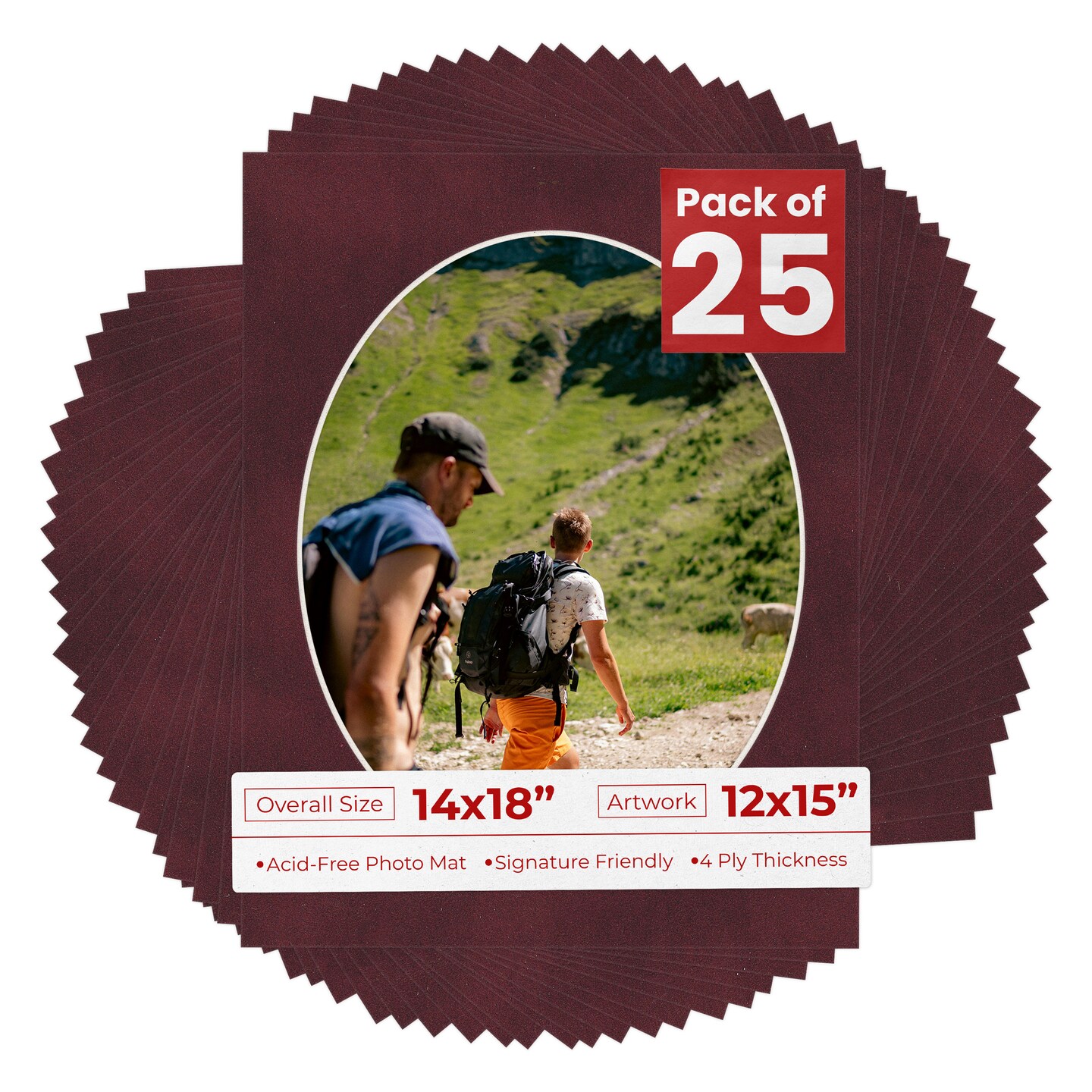 Dark Red Suede Mat Board for 14x18 Frames - Oval Opening for 12x15 Photos