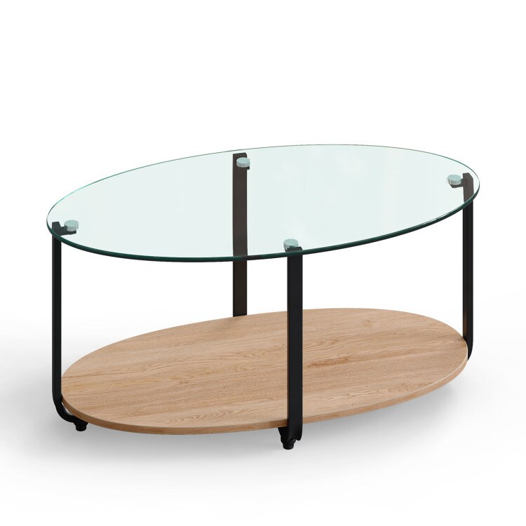 2-Tier Oval Glass Coffee Table with Tempered Glass Top and Wooden Storage Shelf