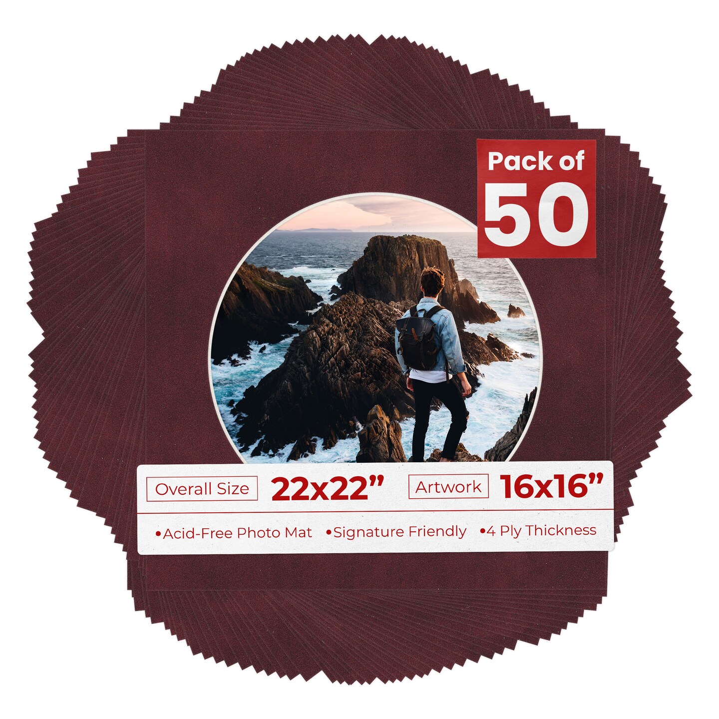 Dark Red Suede Mat Board for 22x22 Frames - Circle Opening for 16x16 Photos