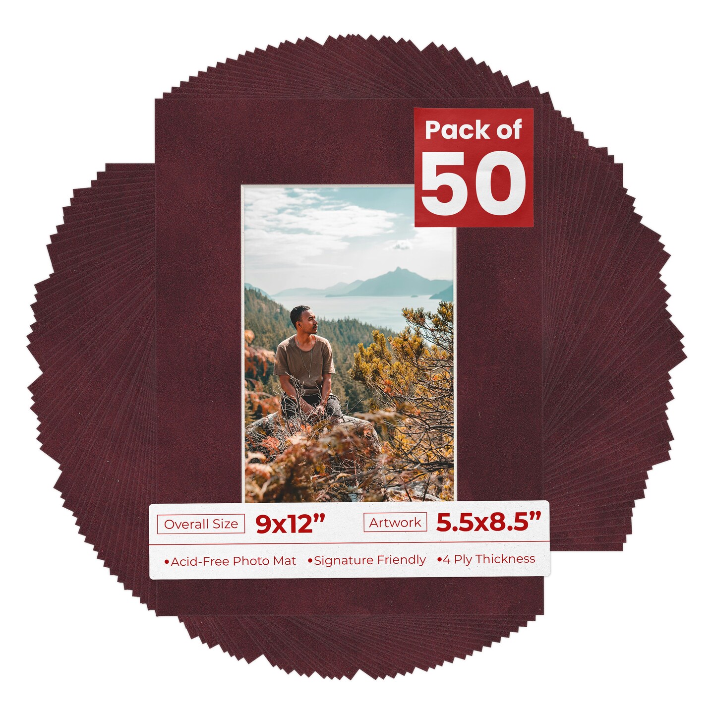 Dark Red Suede Mat Board for 9x12 Frames - Fits 5.5x8.5 Photos