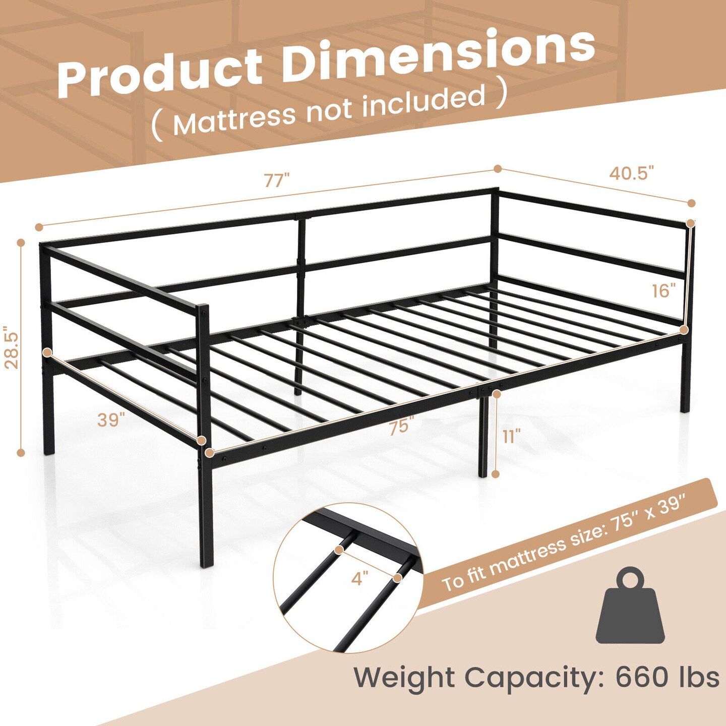 Metal Twin Daybed Frame with Guardrails, Slatted Platform and 660 lbs Capacity