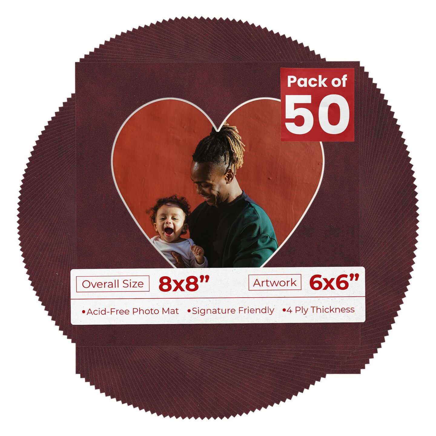 Dark Red Suede Mat Board for 8x8 Frames - Heart Opening for 6x6 Photos