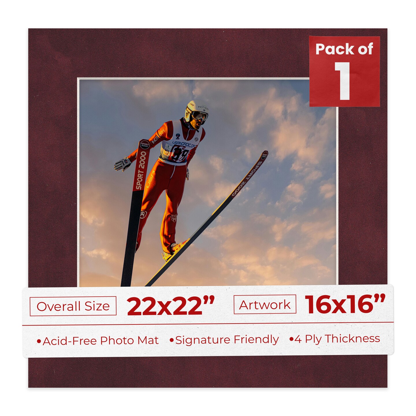 Dark Red Suede Mat Board for 22x22 Frames - Fits 16x16 Photos