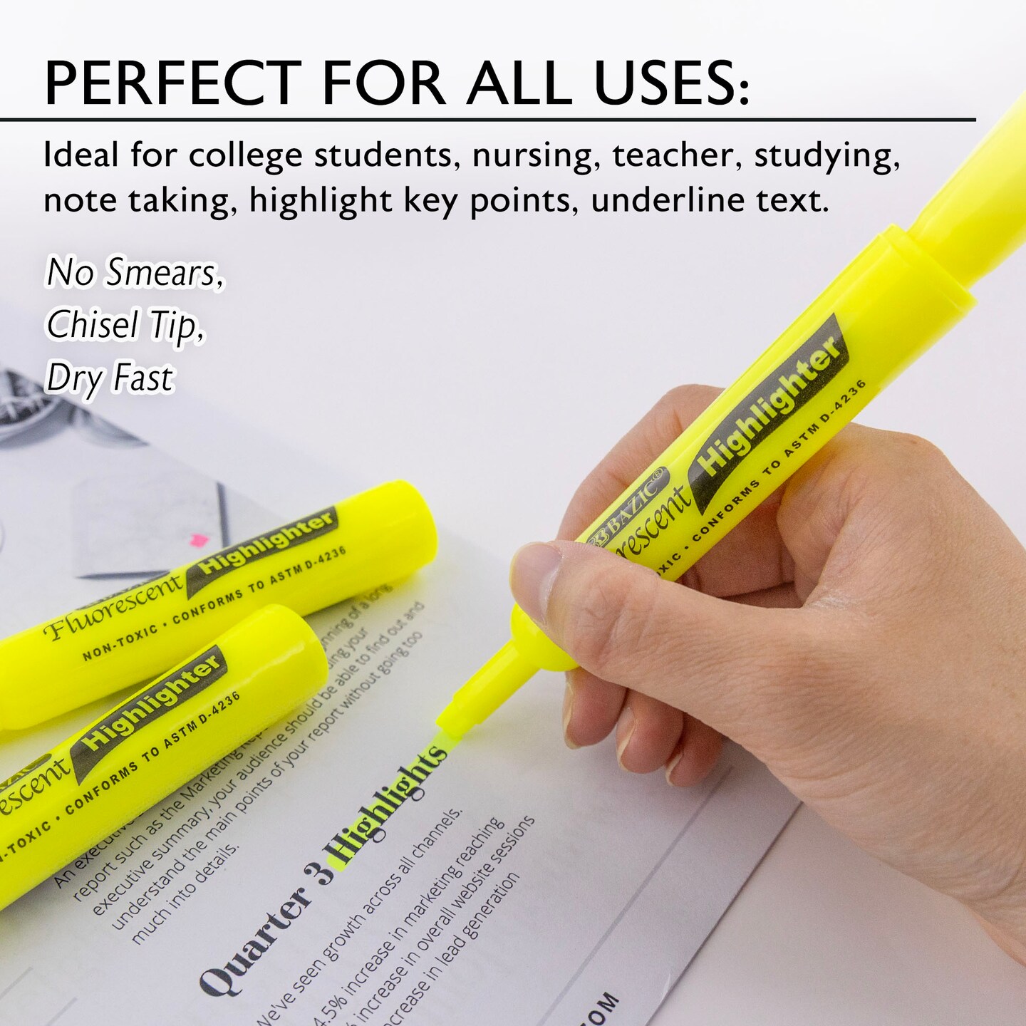 BAZIC Desk Style Fluorescent Highlighters Yellow (3/Pack)