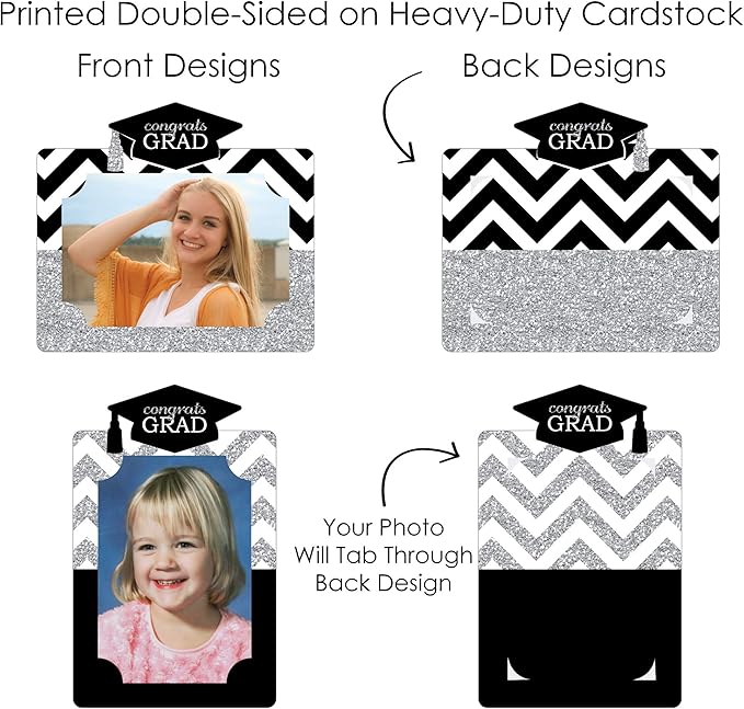 Graduation Photo Display Centerpiece Kit - 15 Double-Sided Photo Table Topper Sticks, Vertical and Horizontal 4x6 Picture Holders, DIY Party Decoration Set - Tassel Worth The Hassle- Silver