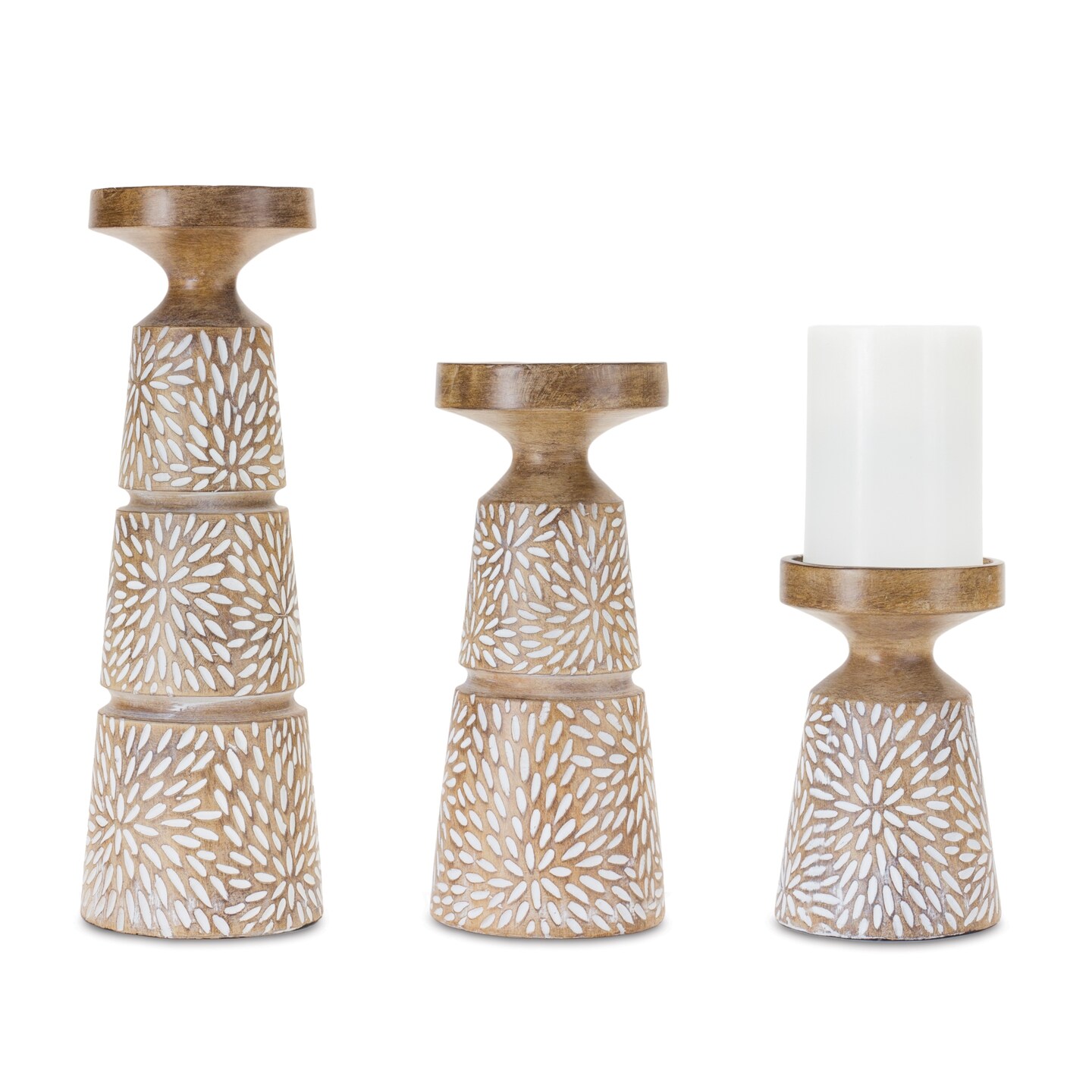Resin Pillar Candle Holder Set Wood Grain Design Brown White Home Decor