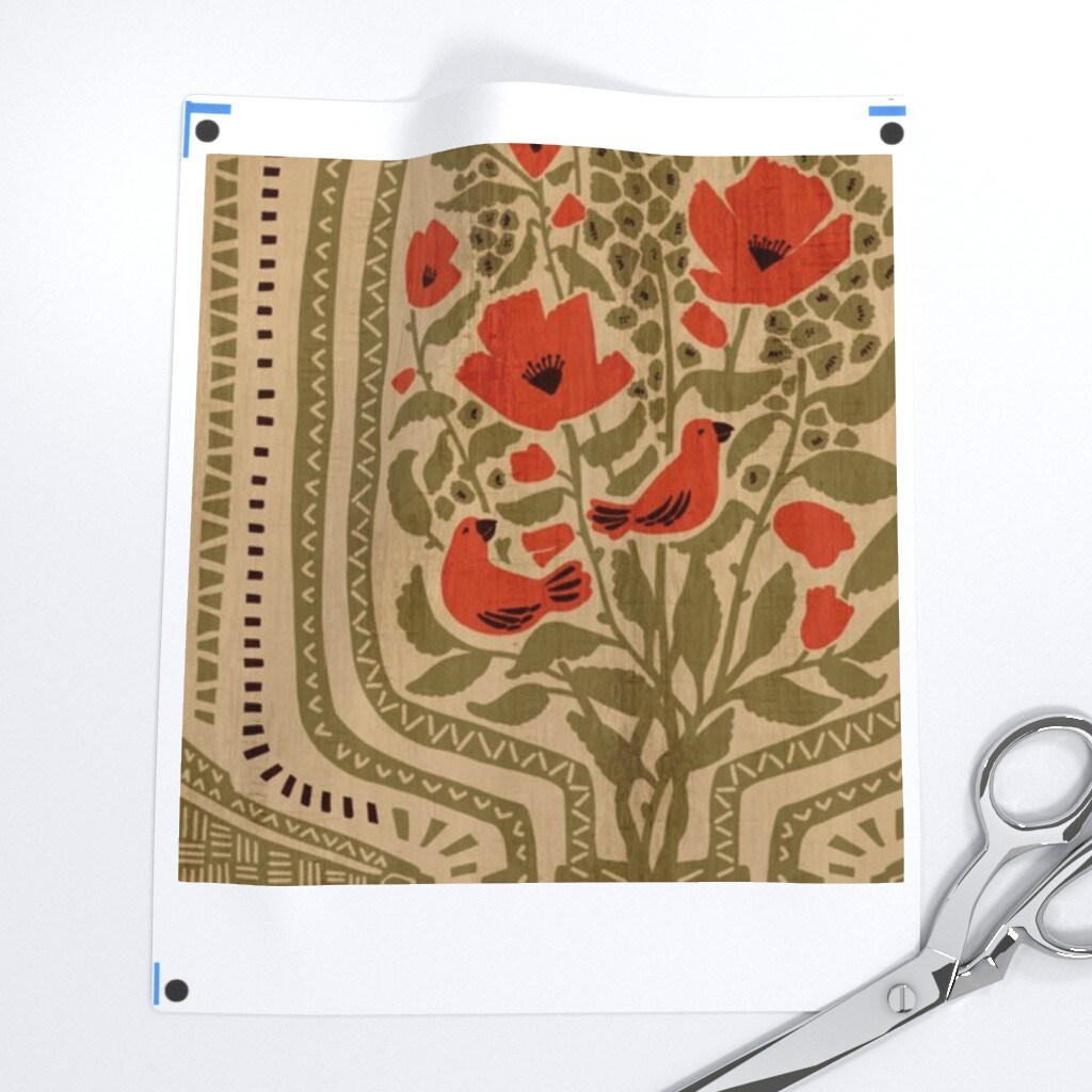 Retro Boho Floral Maximalist Large Scale Red Poppies Scarlet Tanager Songbird Warm Bohemian Eclectic Olive Green Custom Printed Fabric by Spoonflower Various Fabrics by the Yard or Fat Quarter