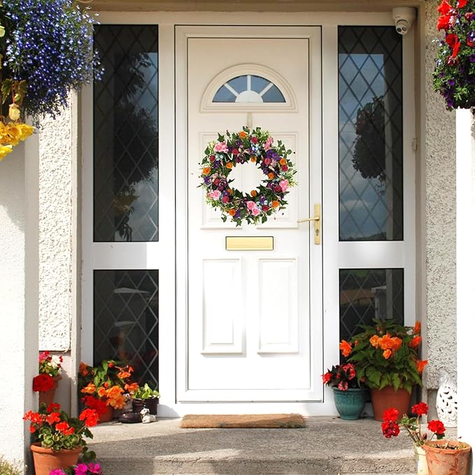 Spring Summer Wreaths for Front Door Pansy Wreath with Pink Cherry Blossoms,Small Ball Bhrysanthemum for Indoor Outdoor Farmhouse Home Porch Wall Window Festival Wedding Decor