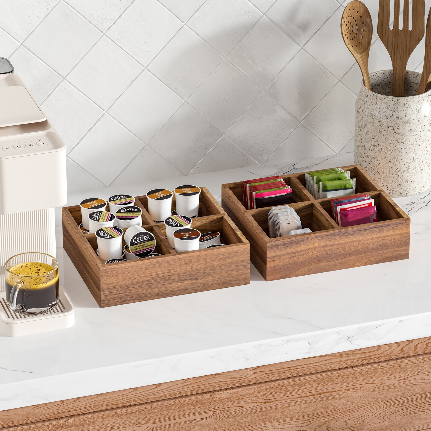 Seville Classics 4-Piece Acacia Expandable Drawer Organizer and Box Set