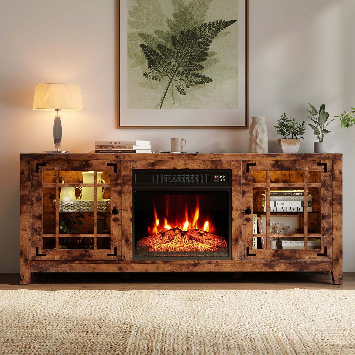 Brown 58" Fireplace TV Stand with LED Lights and 18" Electric Fireplace