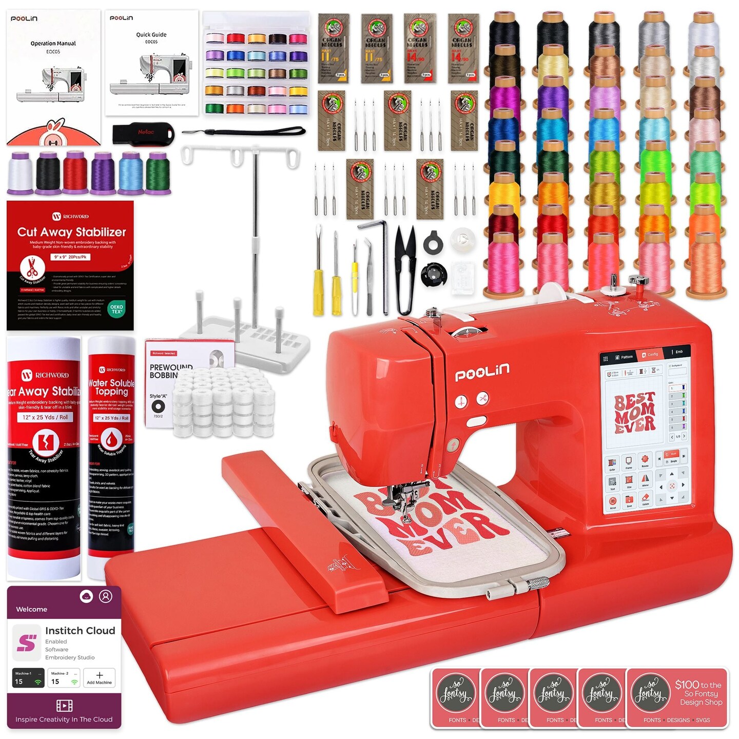 POOLIN EOC05 4in x 9.2in Embroidery Machine with Deluxe Accessory Bundle - Red