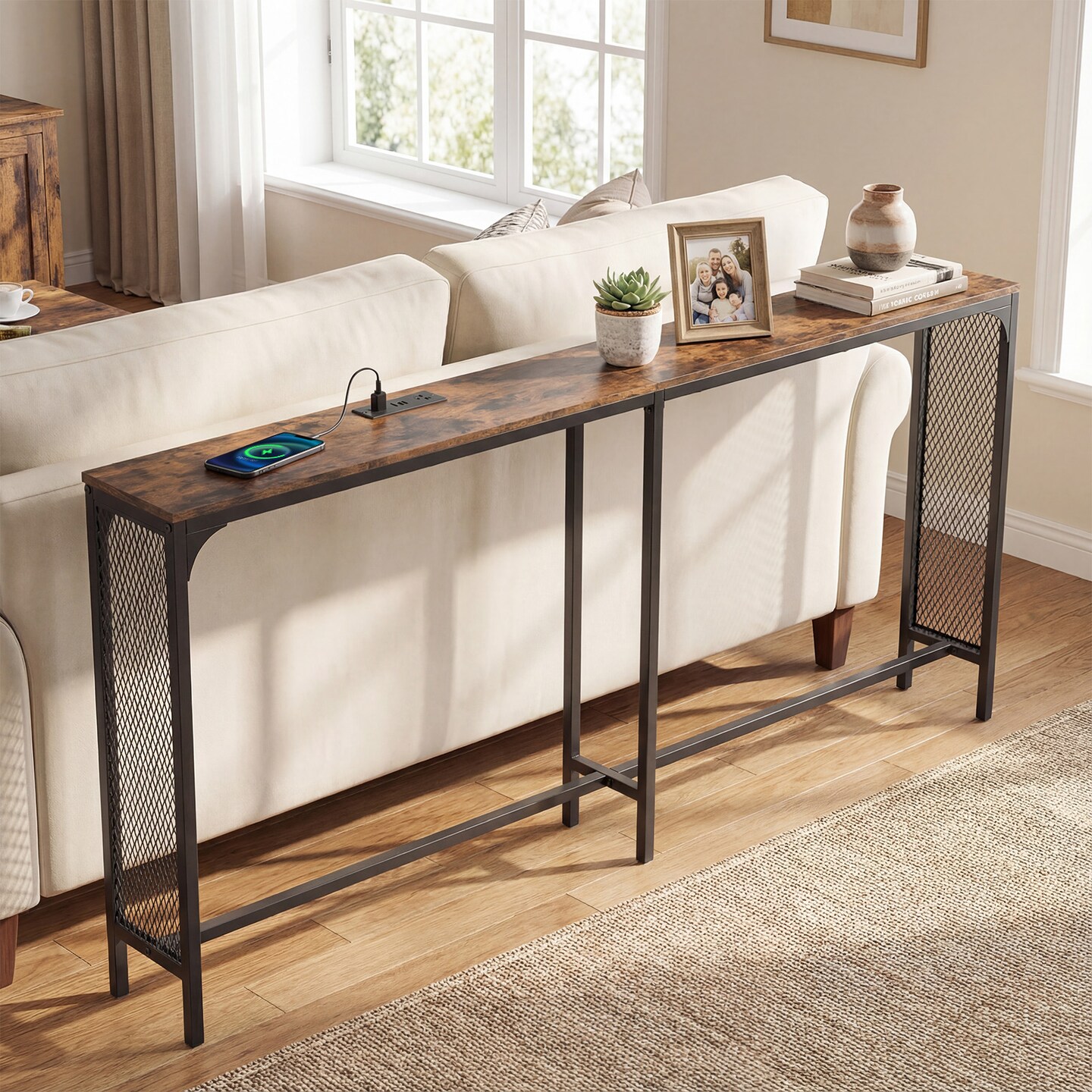 Brown 71" Narrow Console Table with Power Outlet for Small Spaces