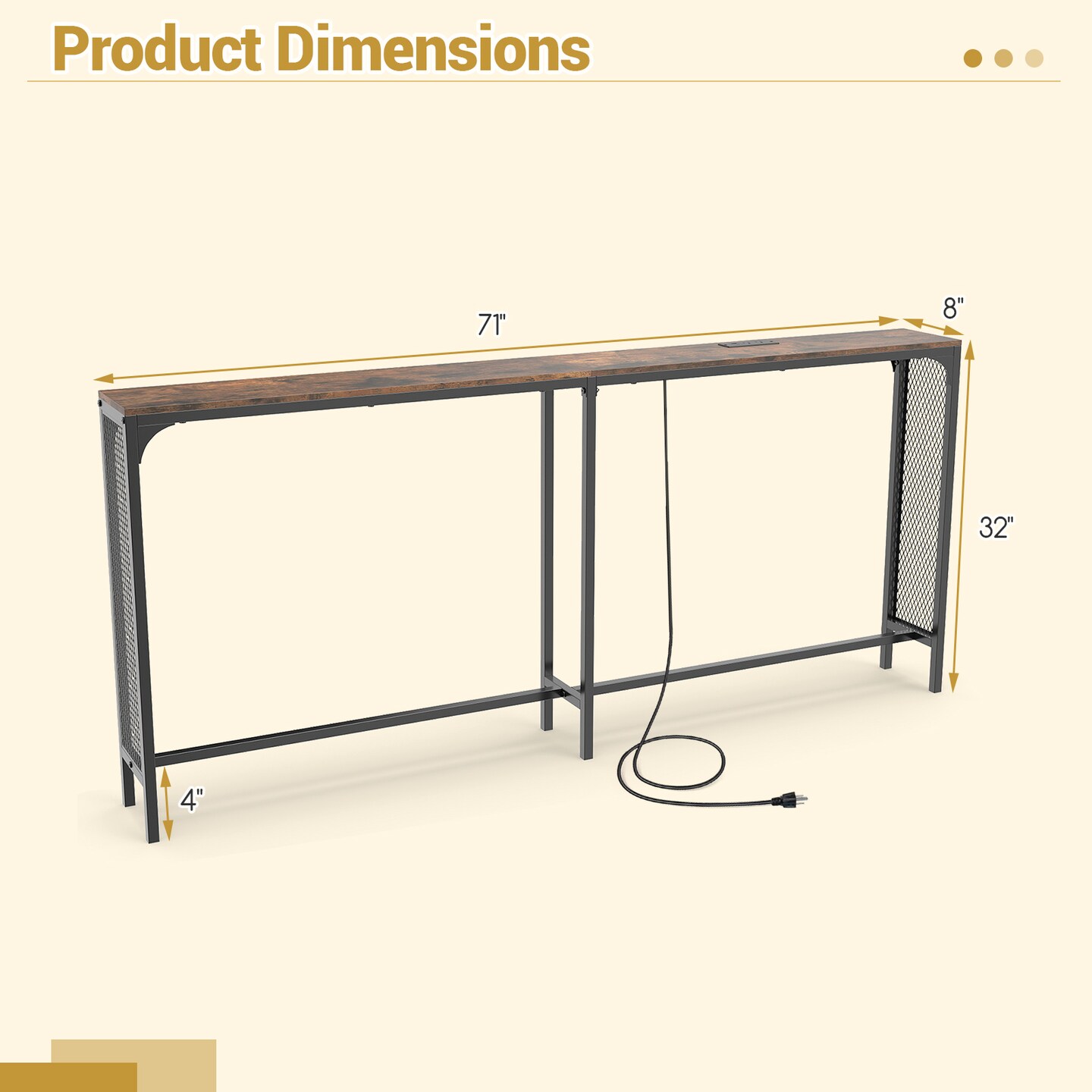 Brown 71" Narrow Console Table with Power Outlet for Small Spaces