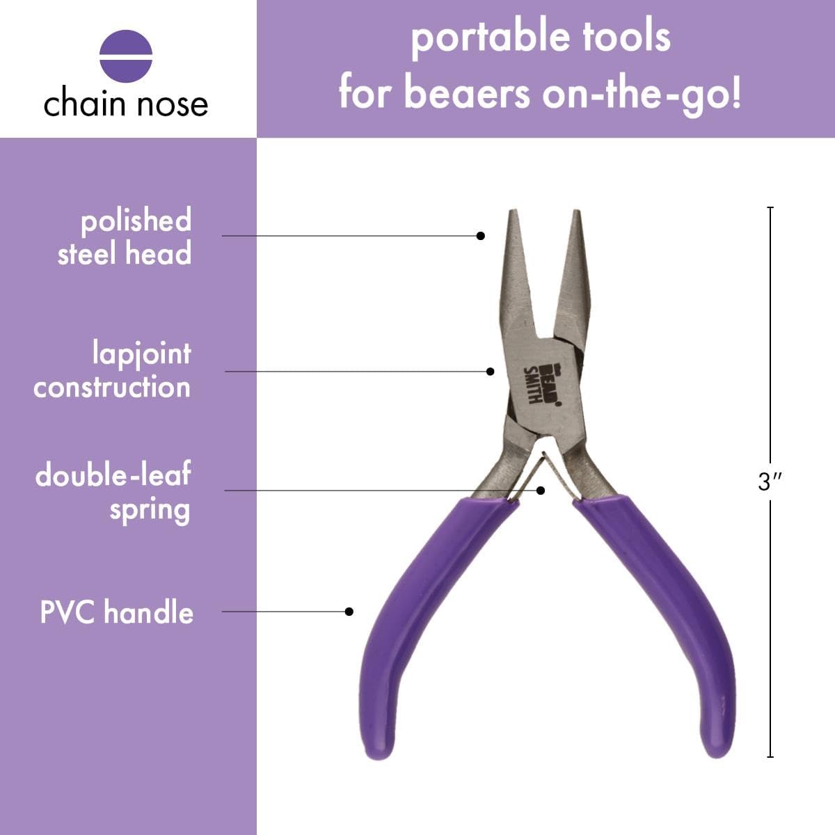 The Beadsmith Mini Series Chain Nose Plier – Create Loops and Bends in Wire and Metal, Purple Comfort Grip Handle, Single Leaf Spring, Polished Steel Head – Tools for Jewelry Making