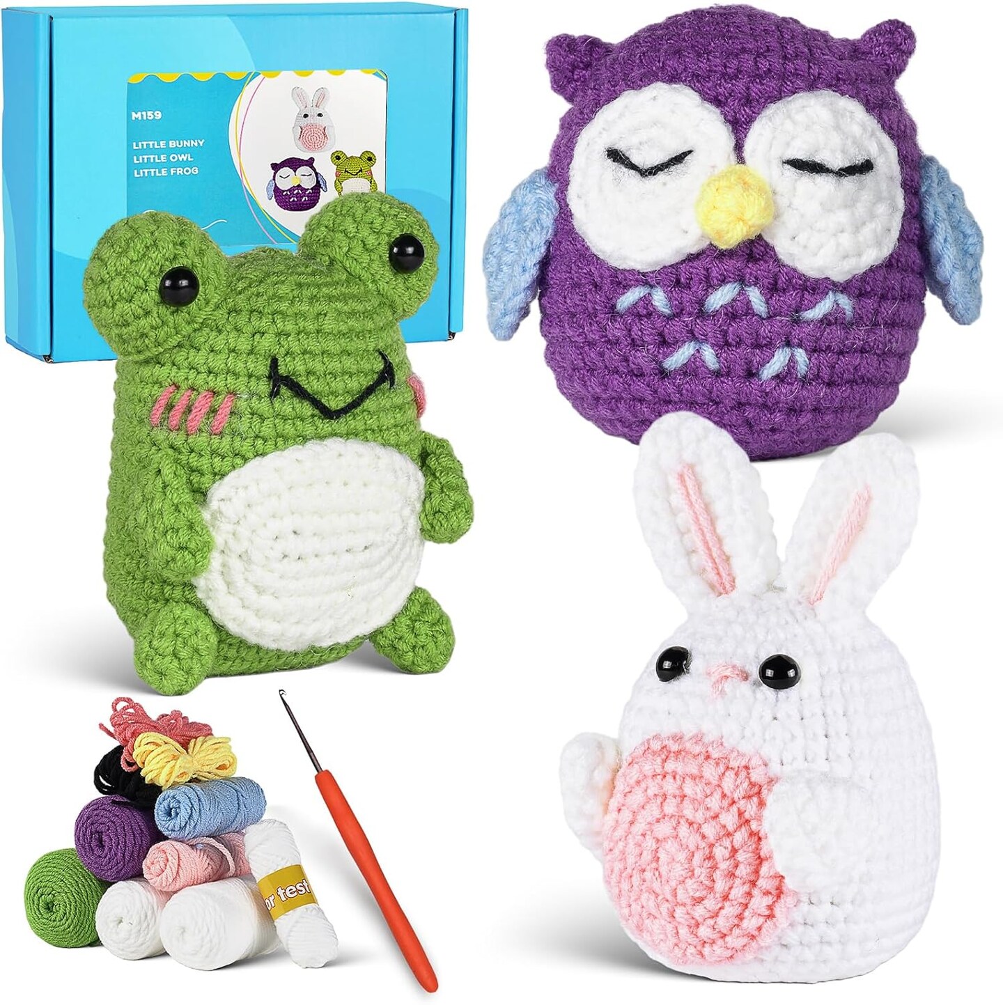 Crochet animals kit (white rabbit frog owl)