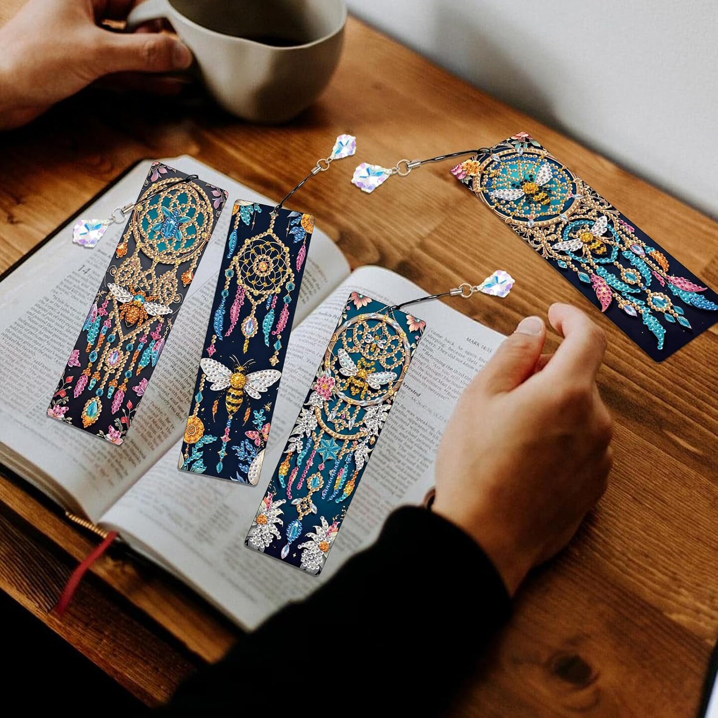 4pcs 5D Diamond Art Painting Bookmarks with Crystal Pendant