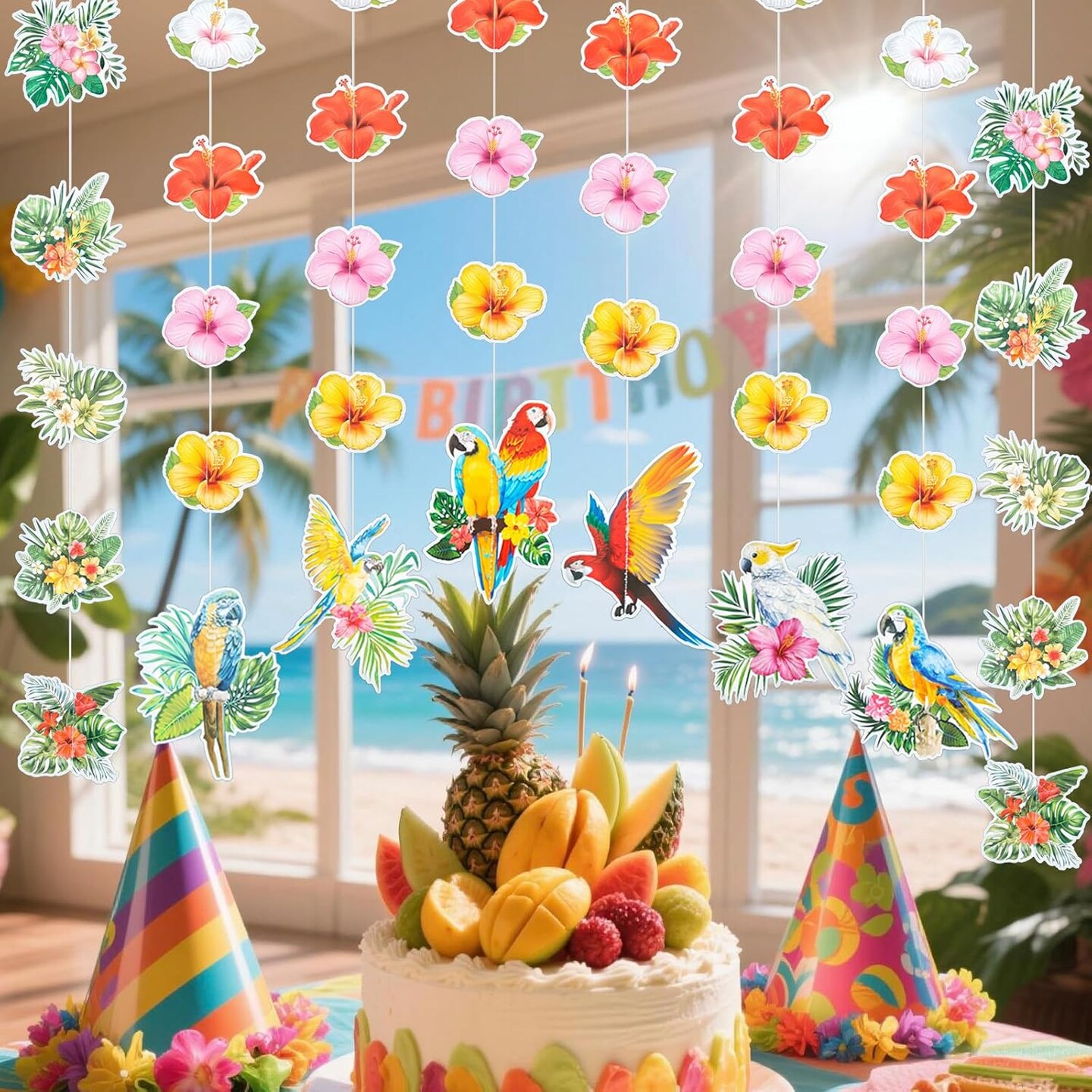 Hawaii Tropical Parrot Flower Hanging Garland - 8 Strings Luau Party Decorations
