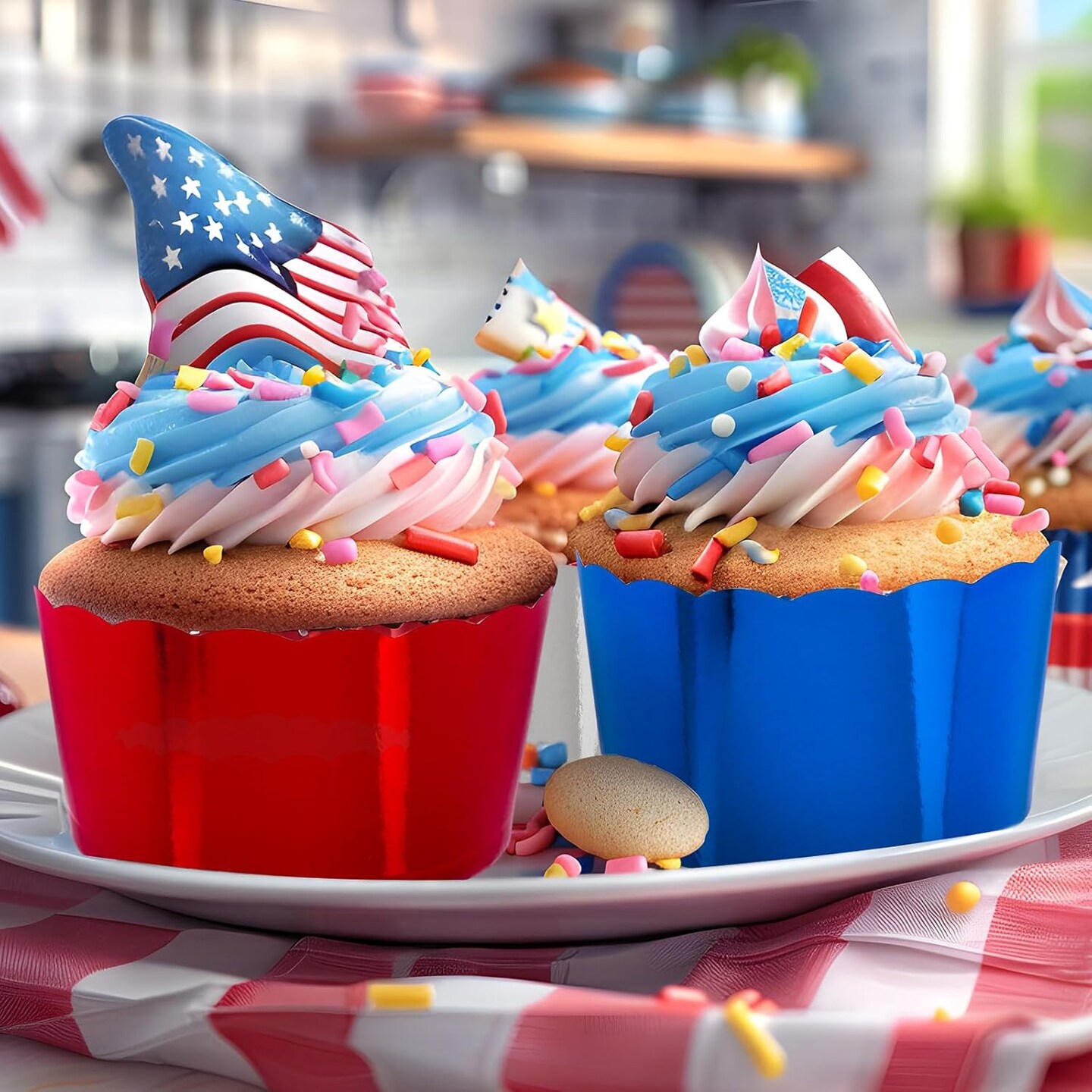 150Pcs Patriotic July 4th Foil Cupcake Liners Red Blue Silver
