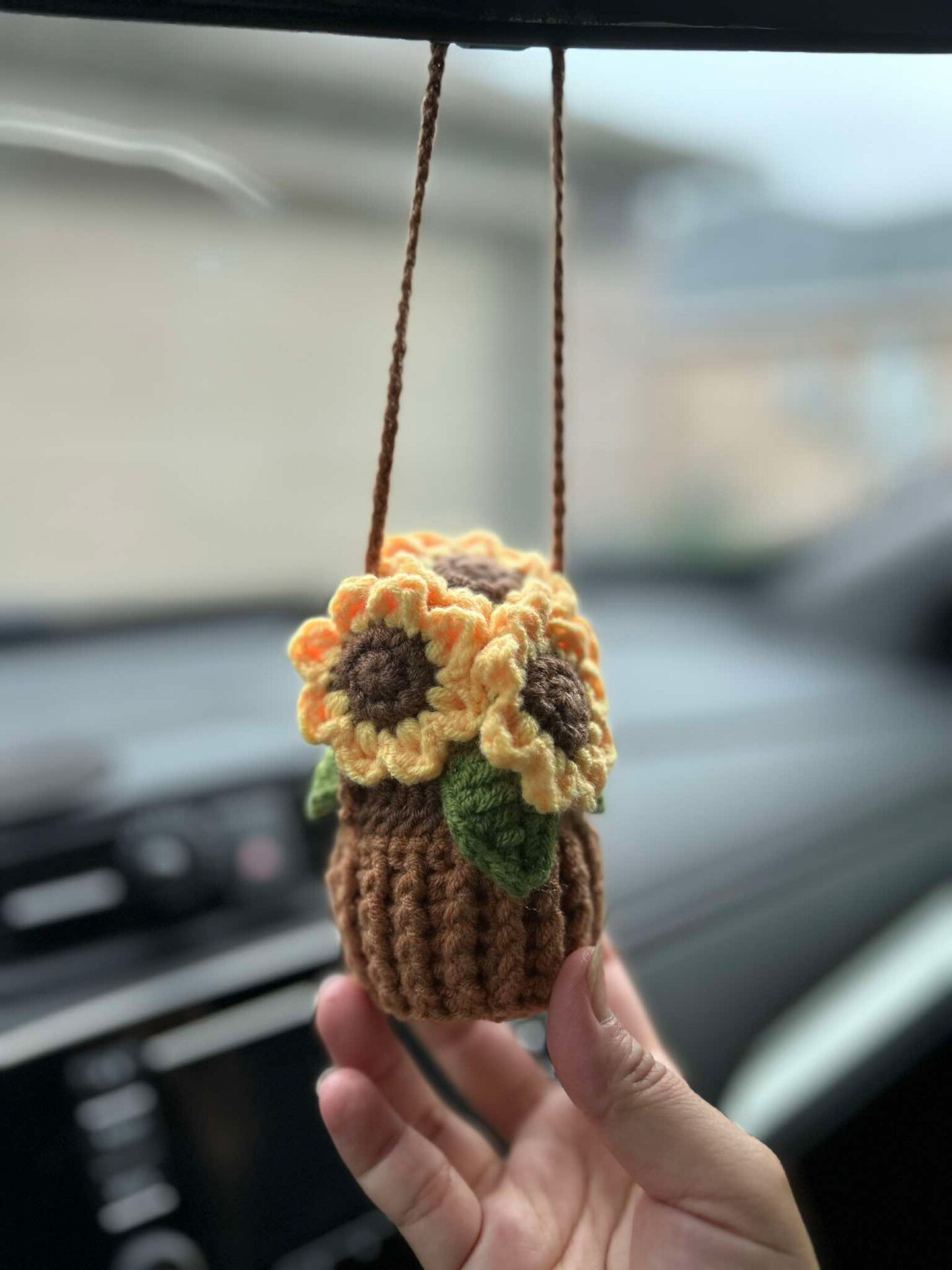 product name is Handmade Crochet Flowers Car Hanging