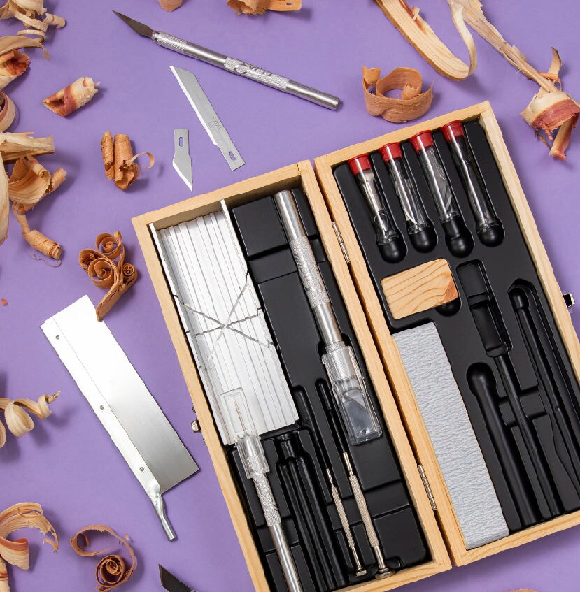 Excel Blades Deluxe Knife & Tool Set with Wooden Case, 16 Handles & Accessories, USA Made