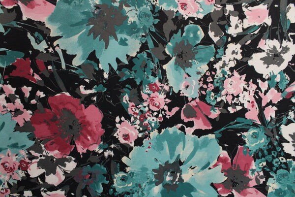 1 Yard Teal Pink Floral Spandex Fabric Four Way Stretch Activewear Swimwear Costume Leggings Material 58/60 Inch Width