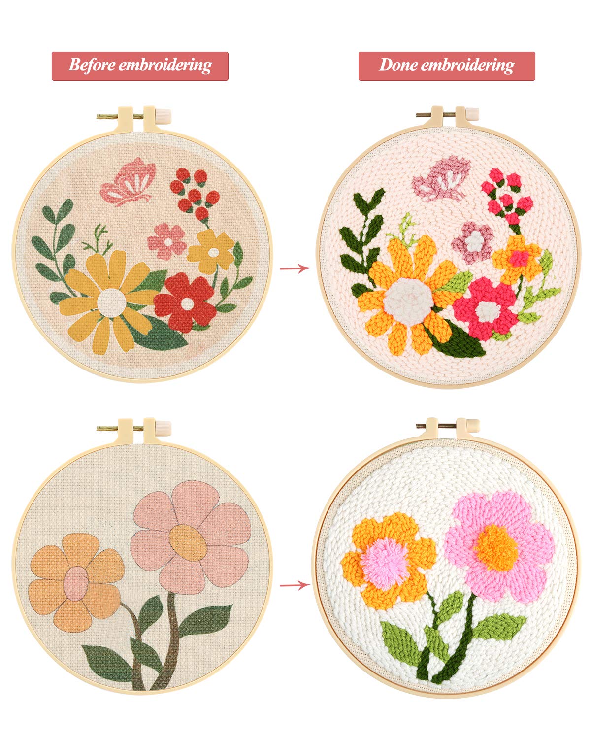 2 Set Punch Needle Embroidery Starter Kits Include Instructions, Punch Needle Fabric with Pattern, Yarns, Embroidery Hoops for Rug-Punch & Pinch Needle