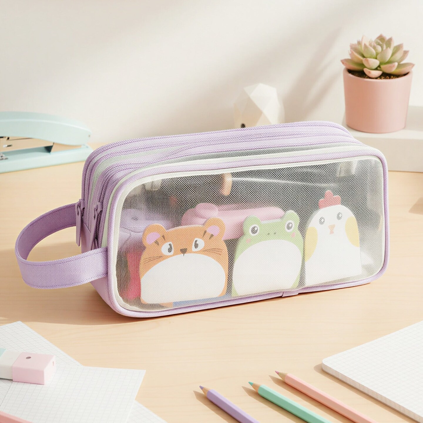 Wrapables 2 Compartment Large Grid Transparent Mesh Pencil Case, Pencil Pouch for Stationery Tools, Makeup, and Travel, Purple