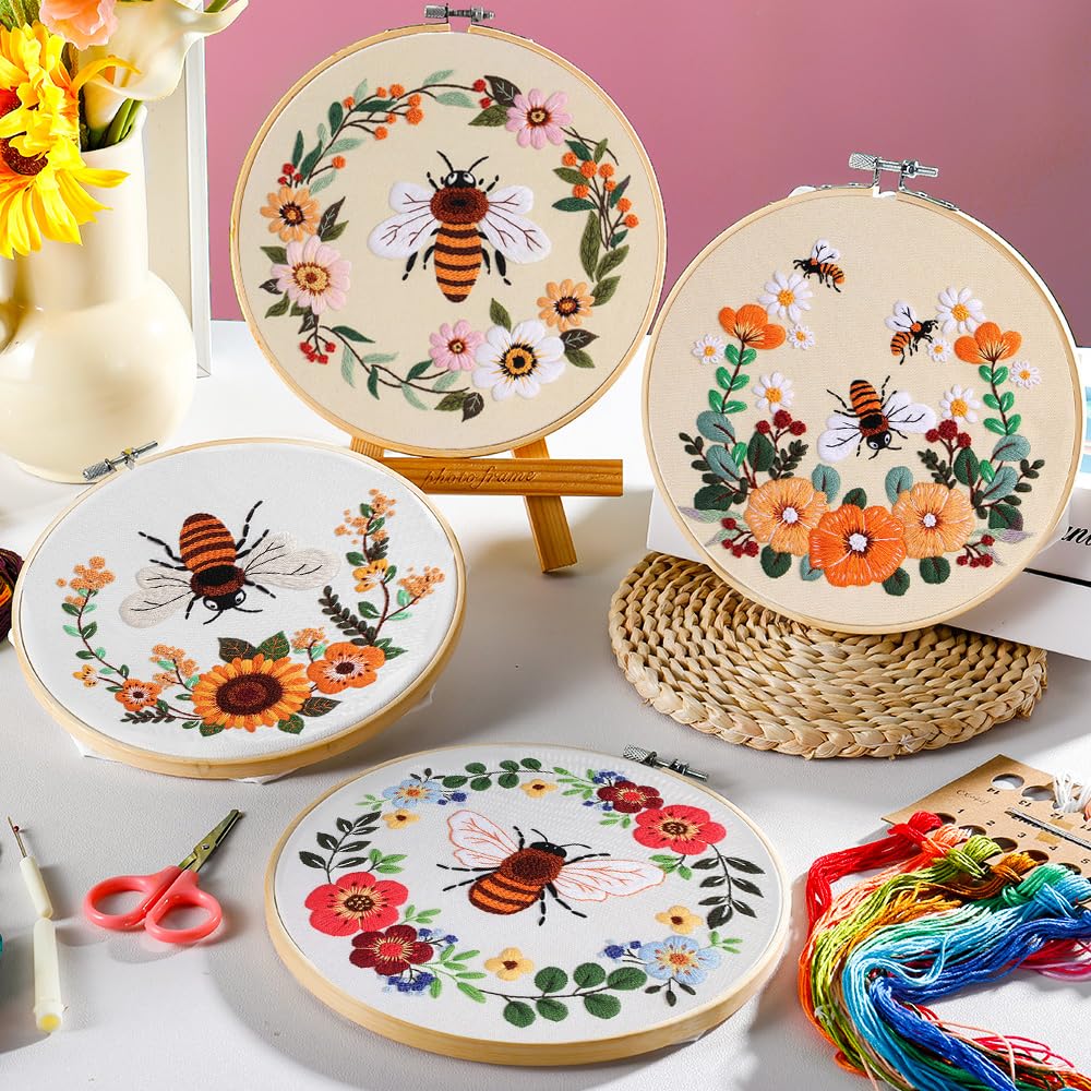 Embroidery Kit for Adults, 4 Sets Cross Stitch Kits for Adults with Stamped Flower Pattern and Easy Instruction, Embroidery Kits with Embroidery Hoop and Color Threads