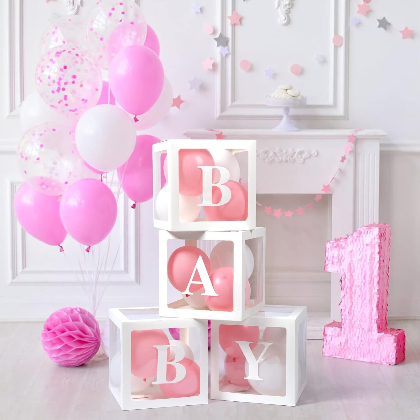Baby Boxes with Letters for Baby Shower, 4 Transparent Balloon Boxes with Letters for Gender Reveal Birthday Wedding Baby Shower Decorations