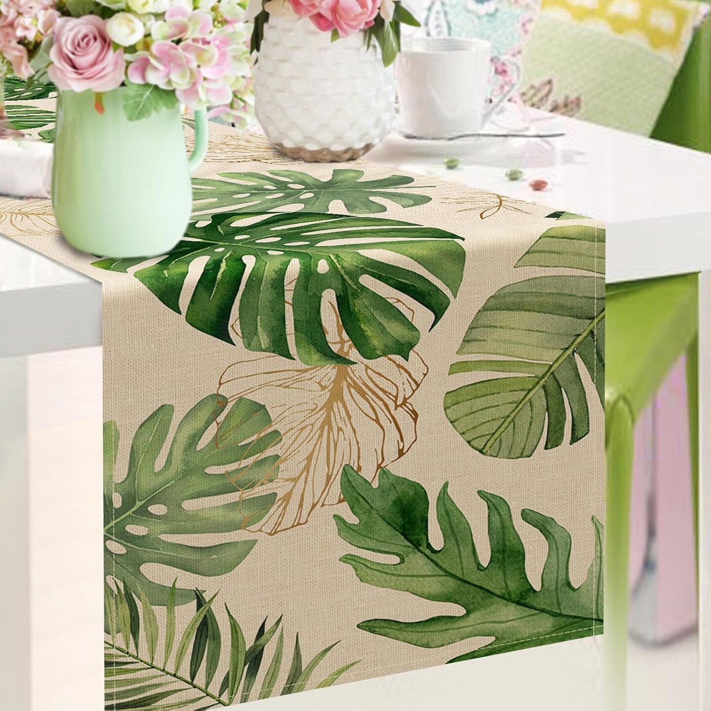 Summer Palm Leaves Tropical Table Runner – 13x72 Inch Monstera Greenery Decor for Home, Kitchen, Dining, Indoor/Outdoor Hawaii Luau, Spring, and Anniversary Party Decorations