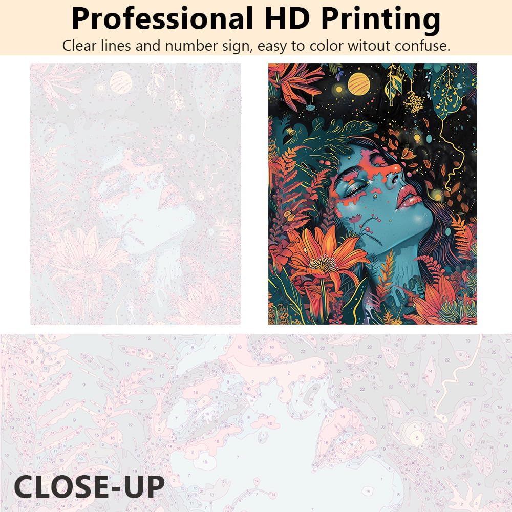 Paint by Numbers for Adults Beginner,Abstract Portrait of Women with Closed Eyes Oil Painting Style Blossoming Flowers Canvas Paintting by Numbers Kits for Home Decor 16 * 20 inch