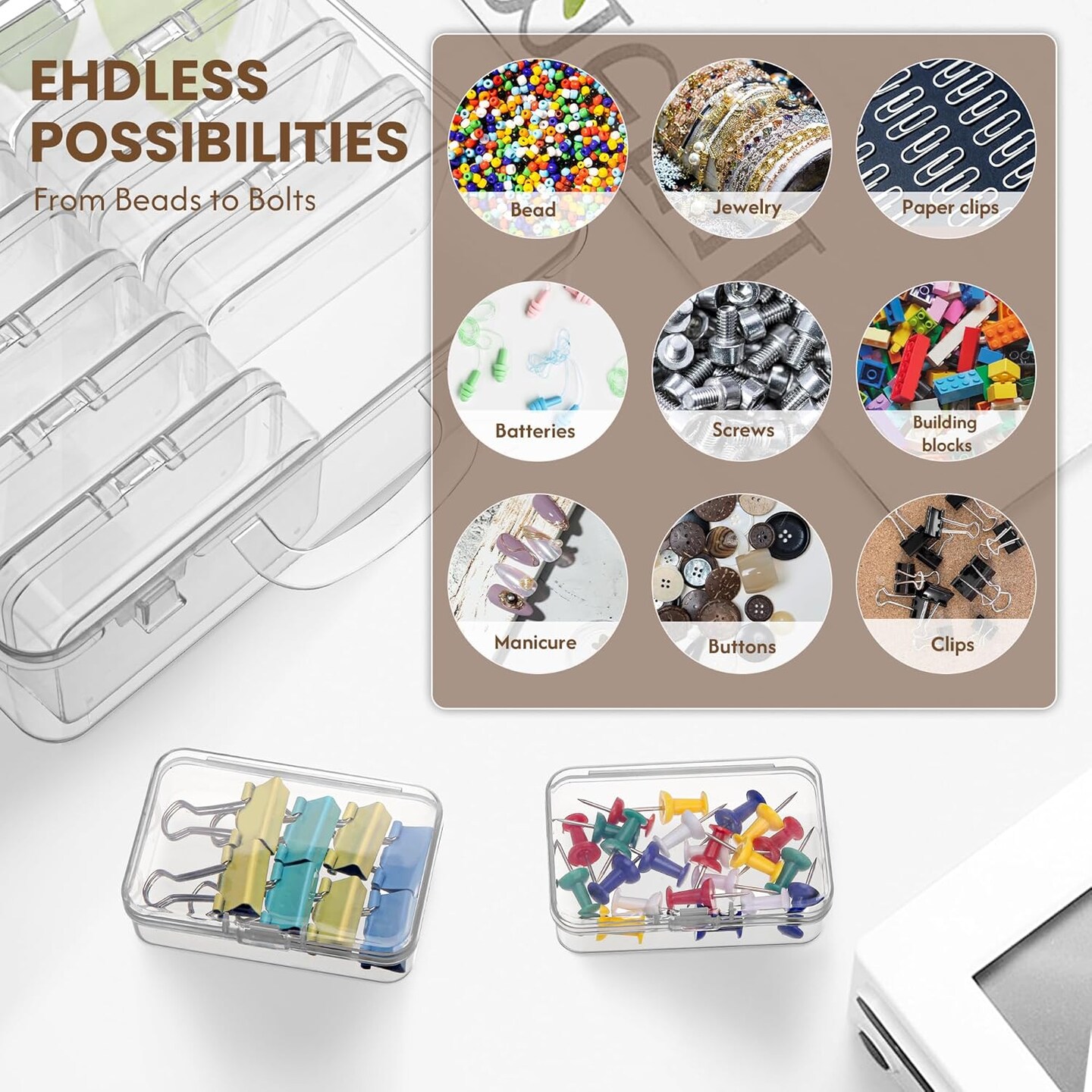 Small Bead Jewelry Organizers and Storage, 12 Clear Plastic Boxes with Hinged Lids, for Beads, Jewelry Making, Crafts, Hardware, Fishing Tackle, Small Parts (32 Labels)