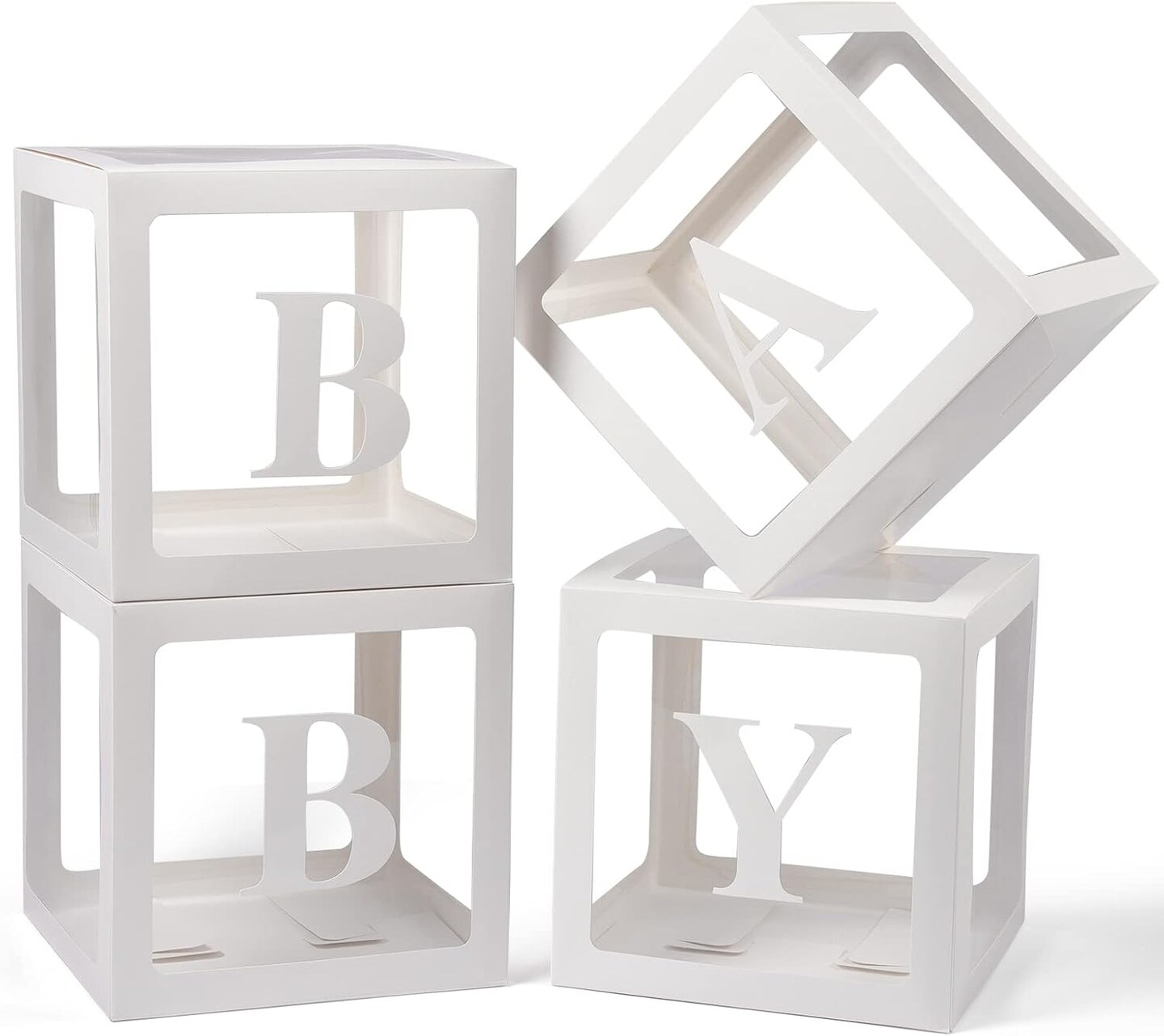 Baby Boxes with Letters for Baby Shower, 4 Transparent Balloon Boxes with Letters for Gender Reveal Birthday Wedding Baby Shower Decorations