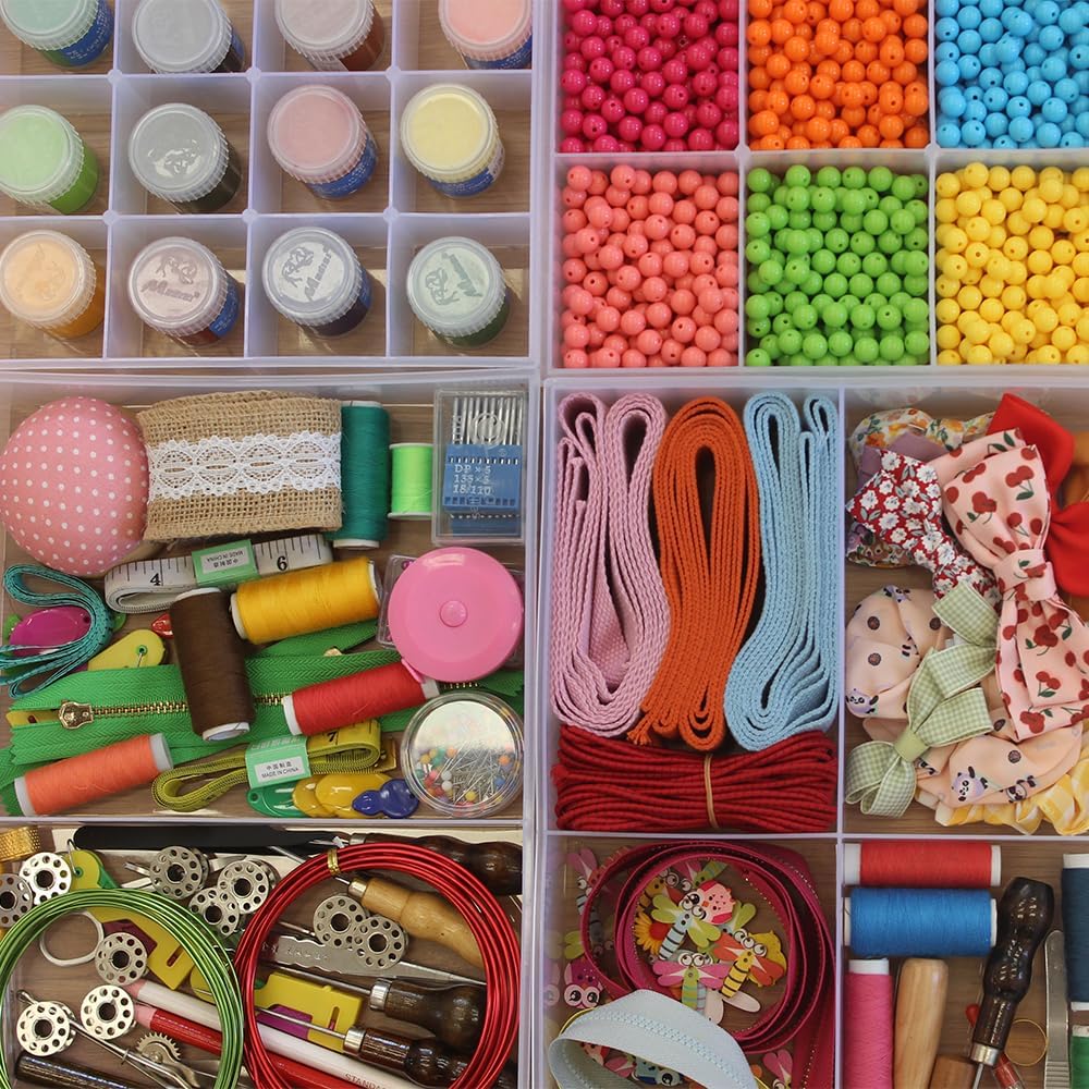 2-Pack Large 4-Grid Clear Plastic Organizer Trays – Fixed Compartments for Hardware, Crafts, Sewing Kits, Office Supplies, and Small Parts