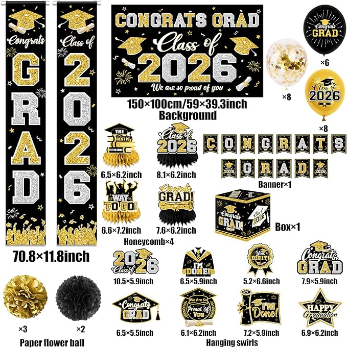 Class of 2026 Graduation Decorations - Black and Gold Congrats Grad Party Set with Backdrop, Porch Signs, Balloons & Swirls - Graduation Box & Honeycomb Centerpieces