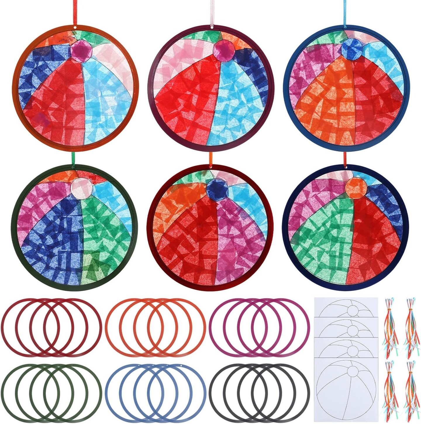 24-Pack DIY Beach Ball Tissue Paper Craft Kits | Colorful Sticker & Acetate Art Set for Office, Summer Theme Party & Holiday Activities