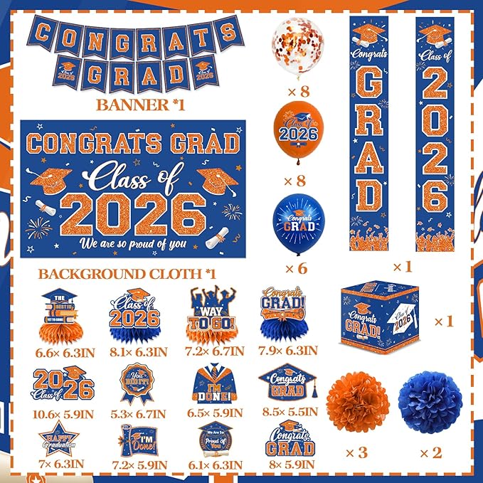 Class of 2026 Graduation Decorations Kit - Orange and Blue Congrats Grad Banner Set with 7x5ft Backdrop, Porch Signs, Hanging Swirls, Honeycomb Centerpieces, and Balloon Boxes - Complete Grad Party Supplies