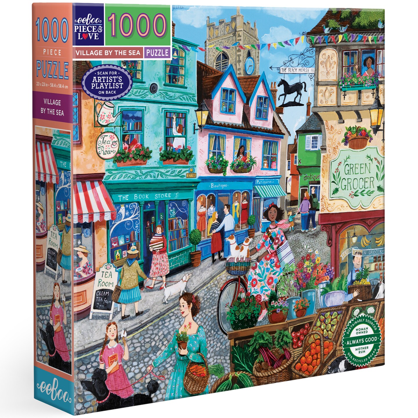 eeBoo Piece & Love: Village by the Sea - 1000 Piece Puzzle – 23" Square Adult Jigsaw, Charming Coastal Town Scene, Glossy & Dustless, Eco-Friendly