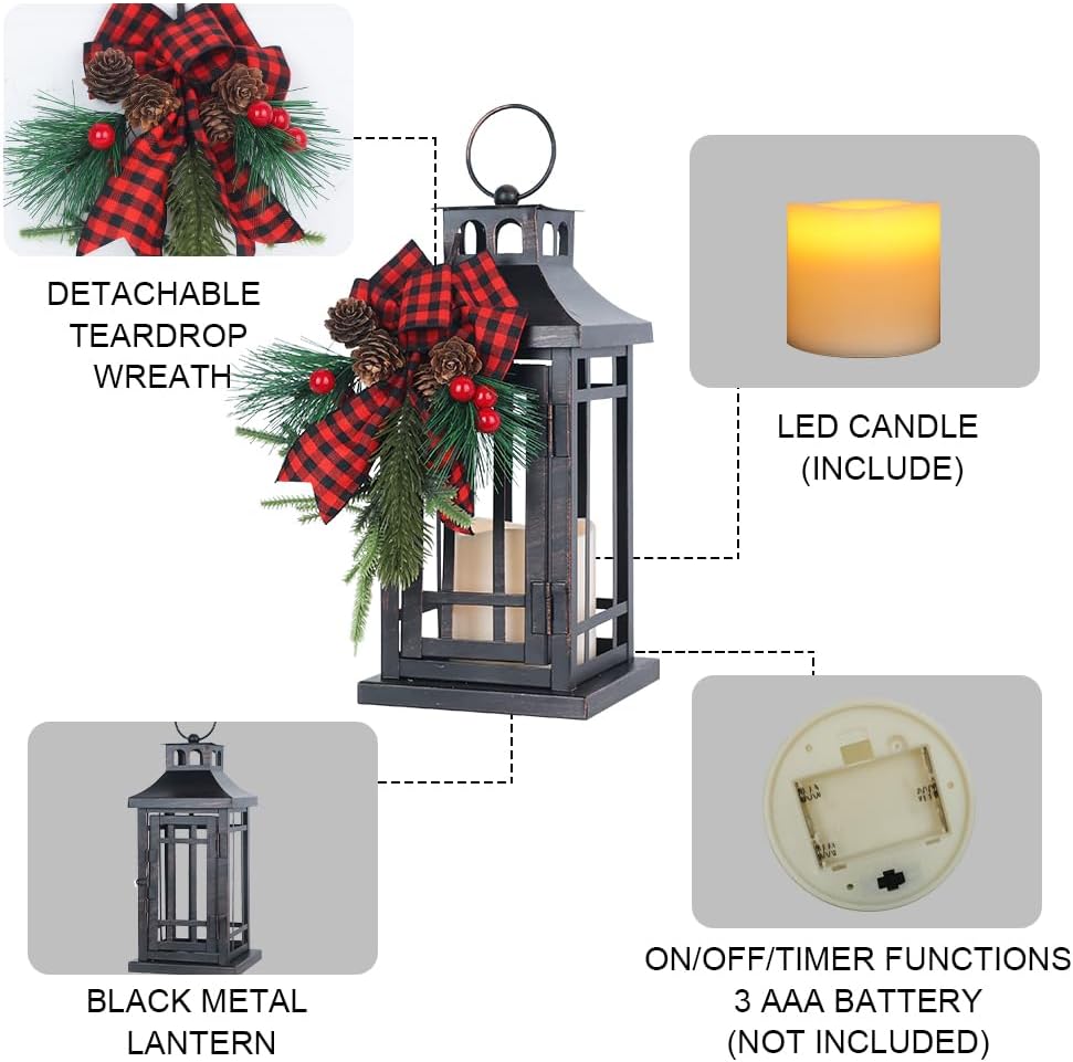 2Pack Christmas Decorations Indoor, Outdoor Christmas Led Lanterns Decorative for Table Centerpieces, Vintage Metal Hanging Candle Holder, Home Decor, Wedding, Party, Living Room, Patio, Porch