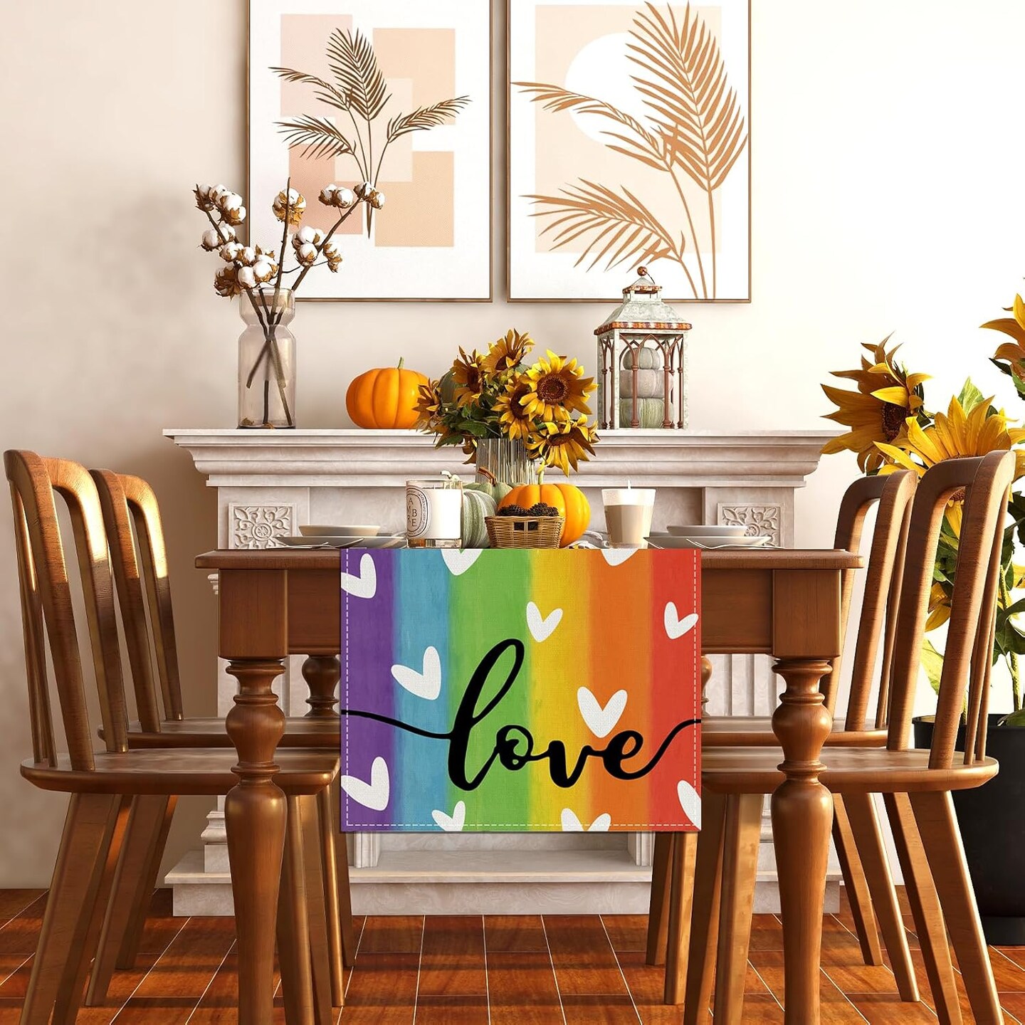 Pride Table Runner Rainbow Tablecloth Pride Day Rainbow Stripe LGBT Love is Love Decorations and Supplies for Home Kitchen Table-13×72''