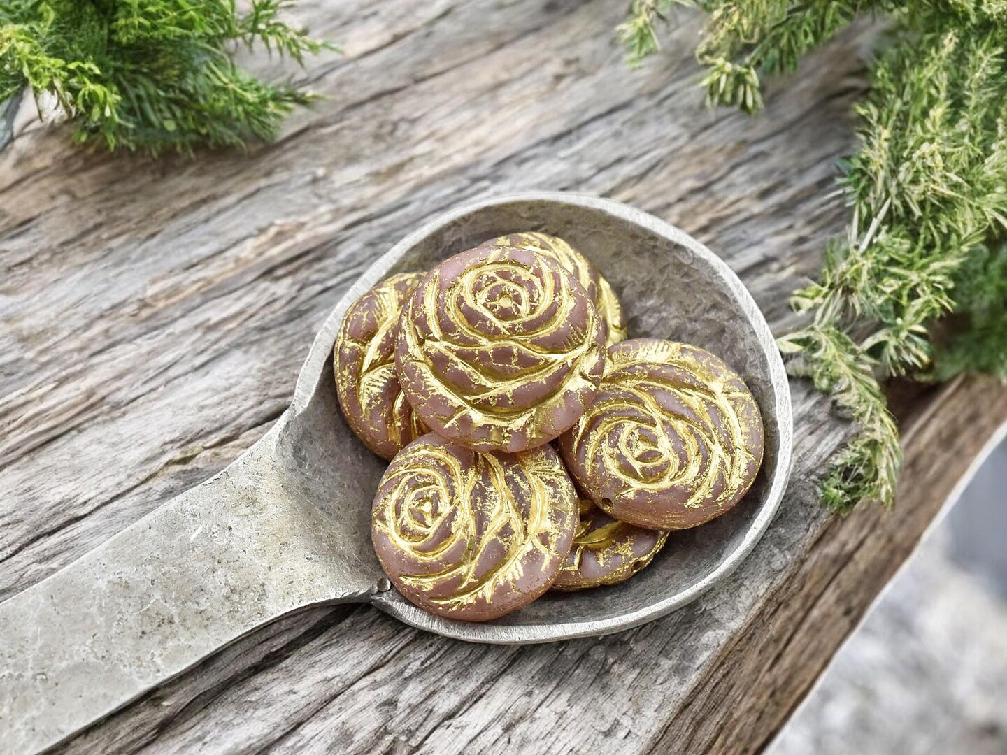 *6* 18mm Bronze Washed Vintage Pink Silk Rose Flower Coin Beads