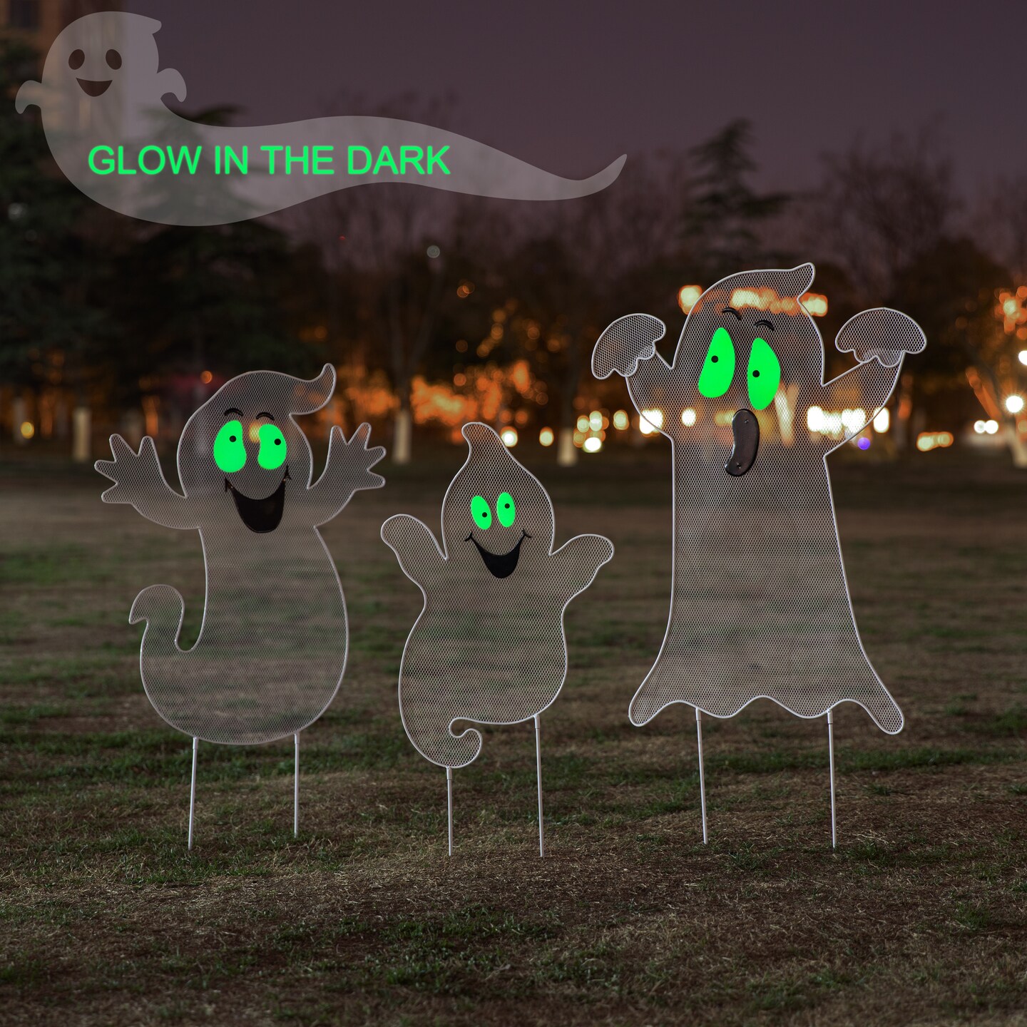 40&#x22;H Set of 3 Halloween Metal Mesh Glow in Dark Ghost Family Yard Stake