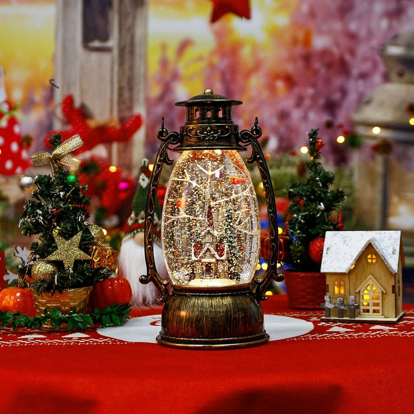 Christmas Snow Globe Lantern, Christmas Village Church Scene Lighted Snow Globes Musical with Swirling Glitter, Battery Powered Christmas Decorations Indoor for Home