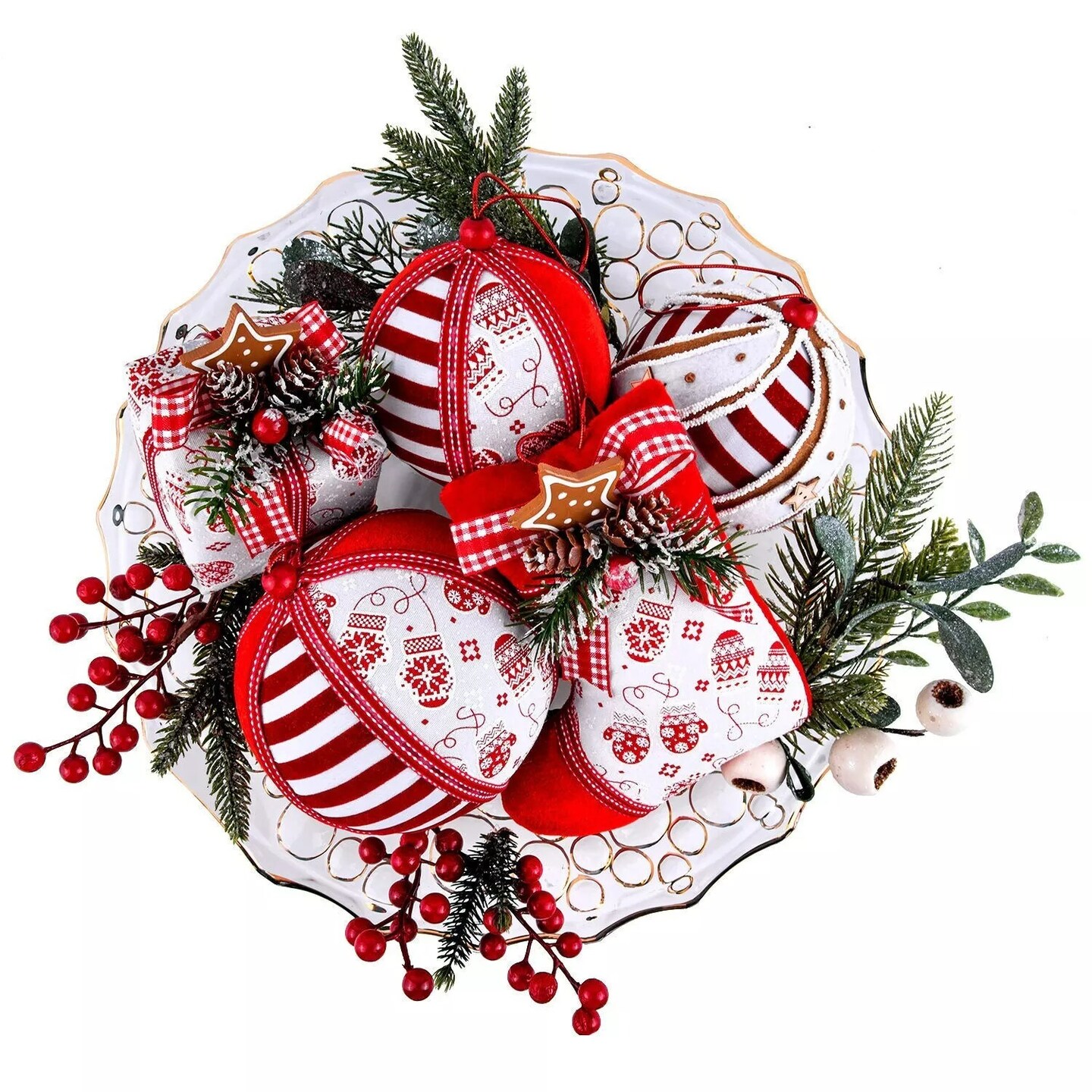 SET OF 5 RED AND WHITE CHRISTMAS ORNAMENTS - HANDMADE BAUBLES HOLIDAYS DECOR