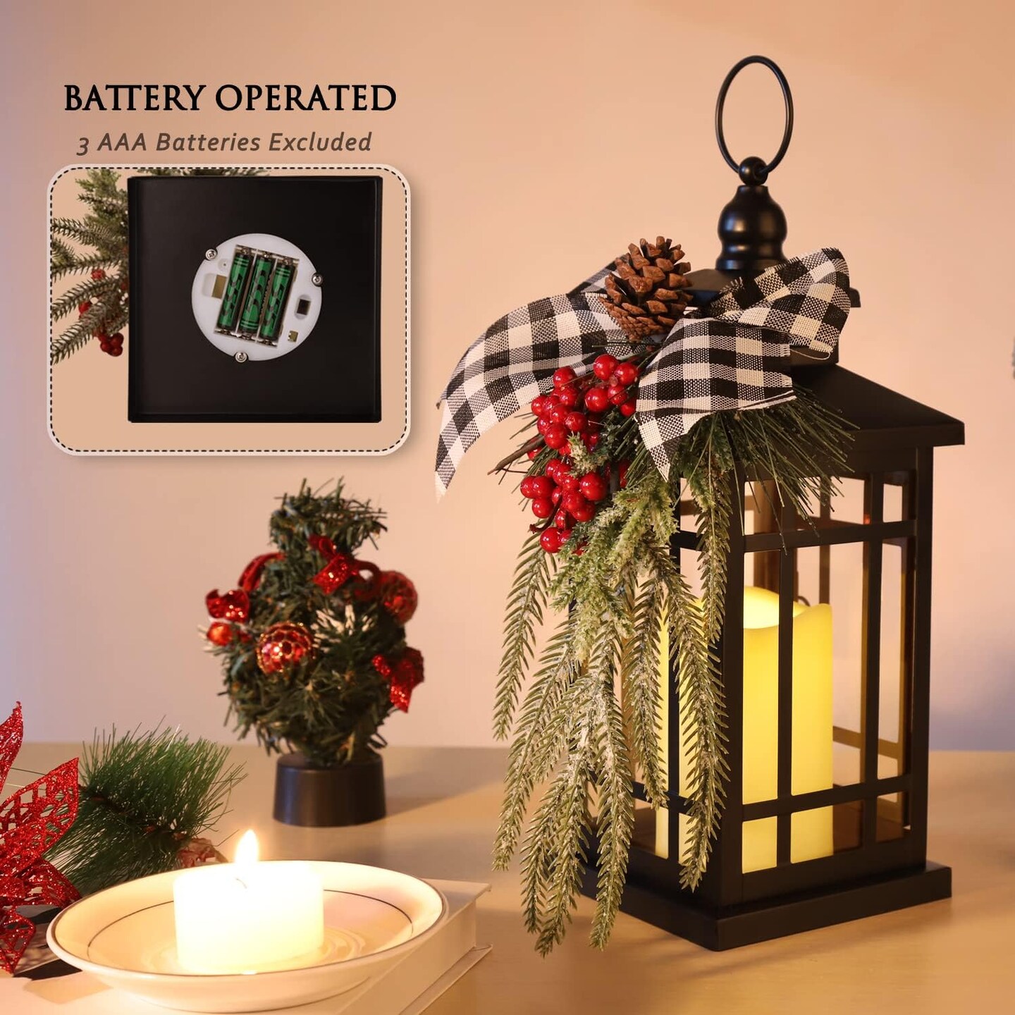 Christmas Decorations Christmas Lantern, Christmas Decorative Candle Lantern, 14 Inch Outdoor Candle Lantern Indoor Home Table Fireplace Farmhouse Decorations, Holiday Xmas Gifts