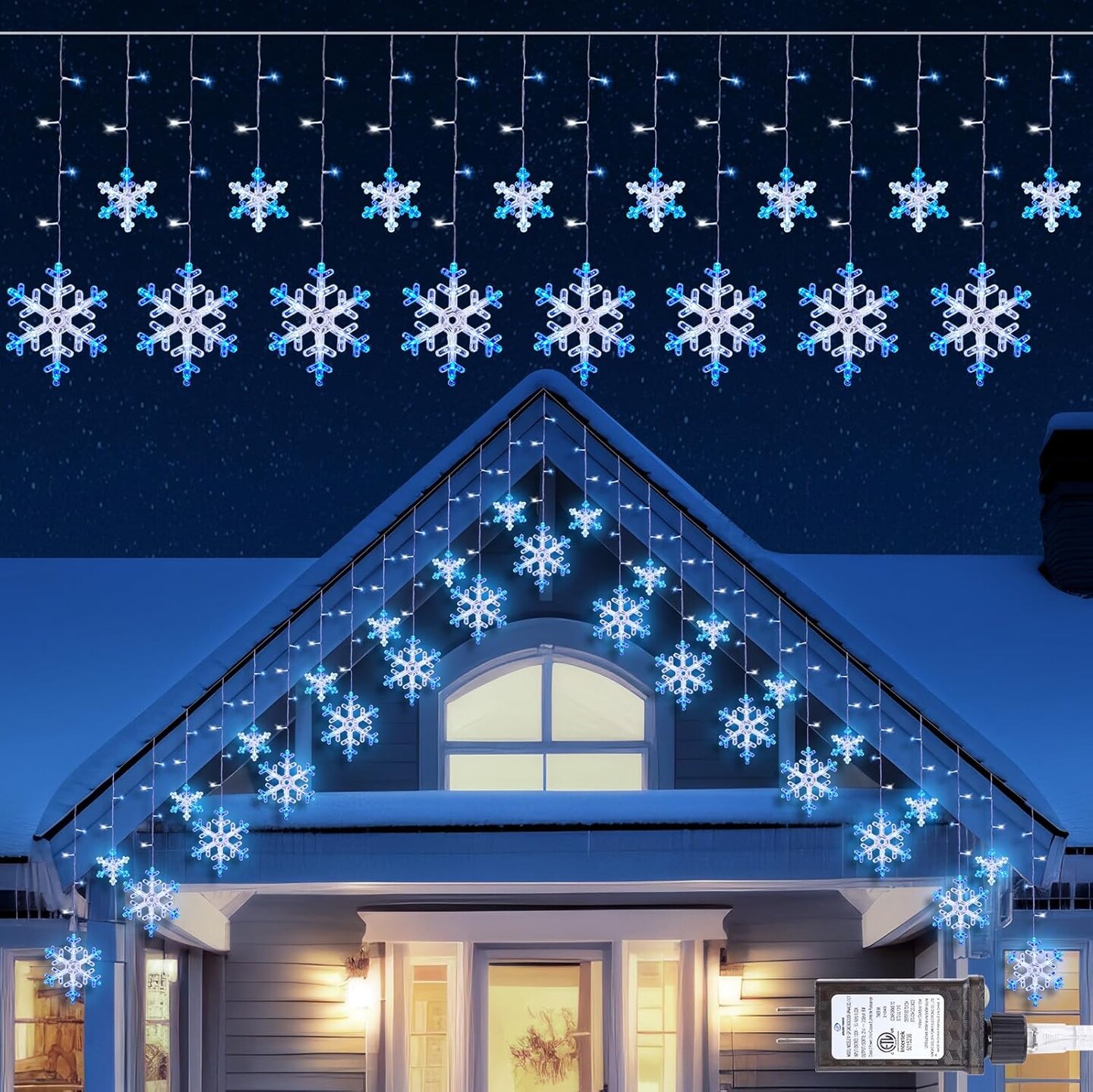 Christmas Snowflake Lights - 13ft 192LED Snowflake Icicle Lights with 16 Drops, 8 Modes and Timer, IP65 Waterproof Connectable Christmas Lights for House Eave Window Indoor Outdoor Decoration