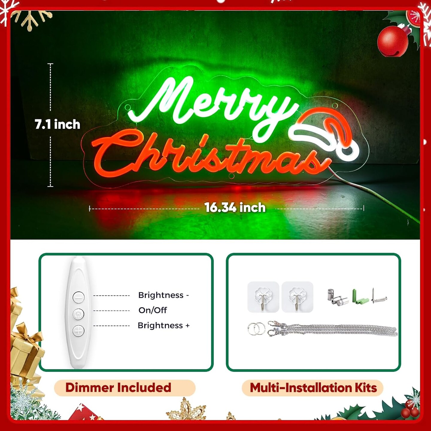 Merry Christmas Neon Sign, Dimmable Christmas LED Neon Light Sign USB Powered Green and Red, Christmas Indoor Decoration for Children Kids Bedroom Party Home Gift, 16.3” W x 7.1” H
